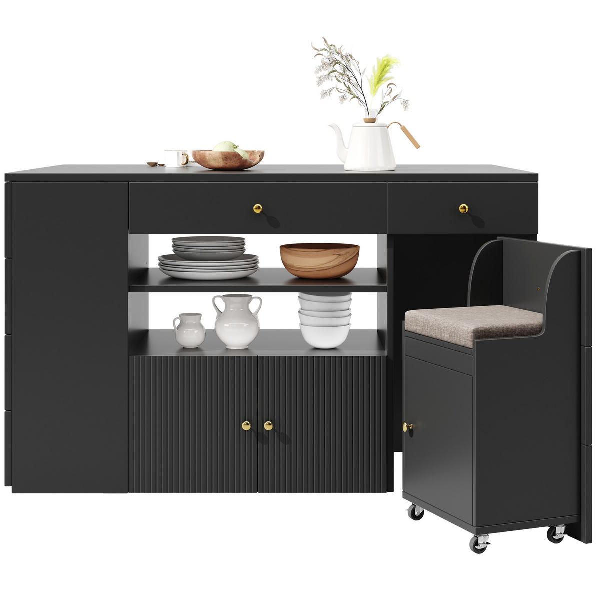 KÜCHENINSEL 140/40-70/89 cm aus MDF und Metall mit Hocker und viel Stauraum Schwarz - Schwarz, Holzwerkstoff (140/89/70cm) - Modenvie