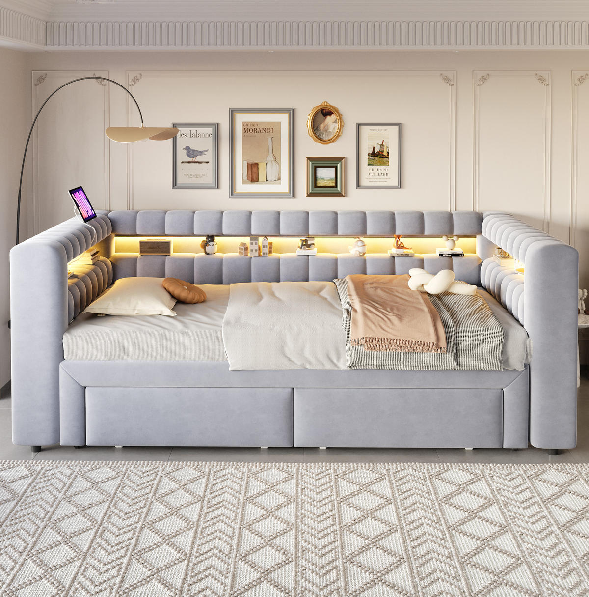 ČALOUNĚNÁ rozkládací postel 90/190 cm s přistýlkou, zásuvkami, LED, USB a úložným prostorem, samet, Světle šedá - světle šedá, textil (90/190cm) - Redom