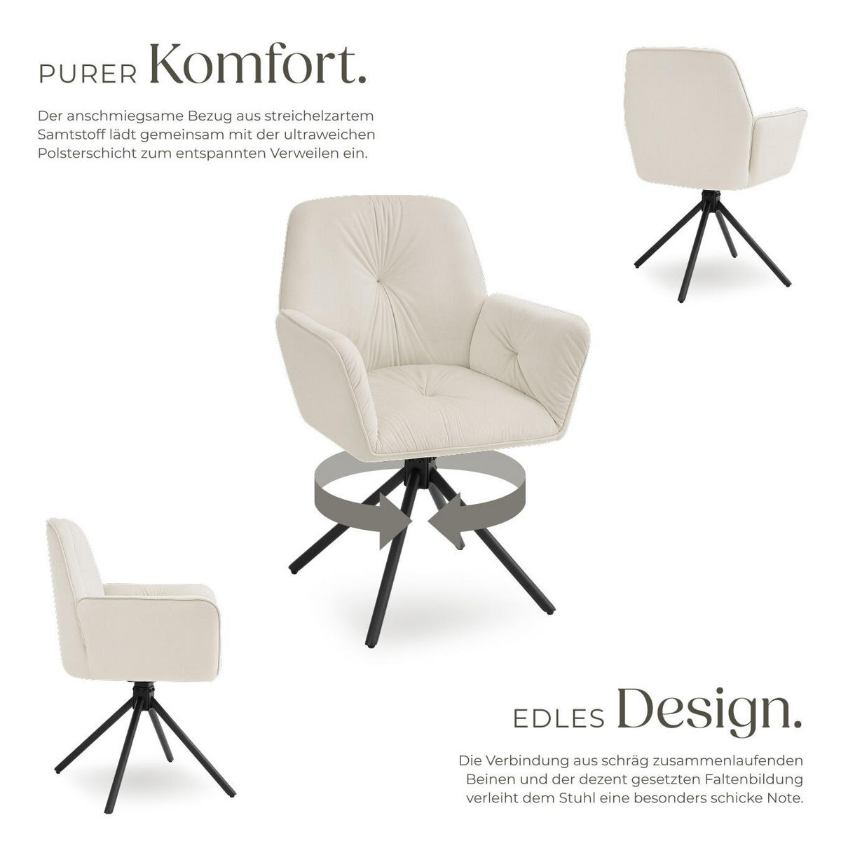 ARMLEHNSTUHL Drehbar Lenia,56,5 x 54 x 86 cm,Samtoptik creme/schwarz - Schwarz/Samtahornfarben, Kunststoff (56.5/86/54cm) - tectake