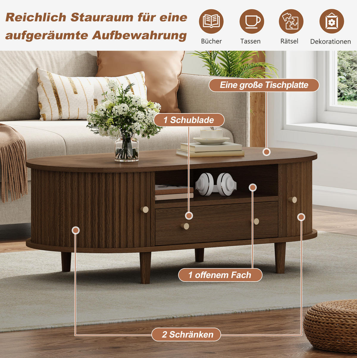 COUCHTISCH aus MDF 100x50x36 cm Walnussholz mit Schublade, offenen Fächern und Rolltür - Walnussfarben, Holzwerkstoff (100/50/36cm) - IVMEU