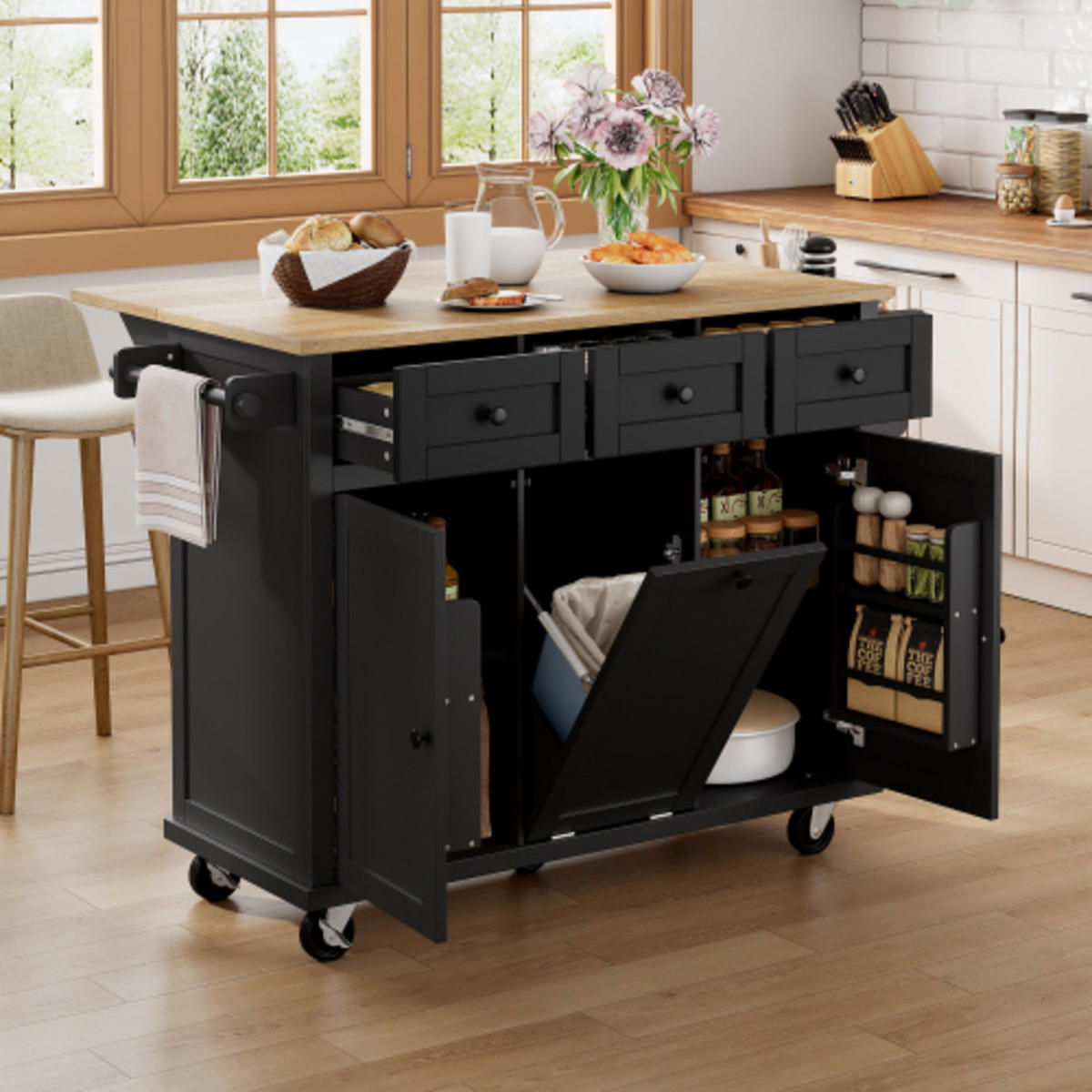 KÜCHENINSEL mit ausziehbarer klappbarer Arbeitsplatte schwarz-natur 112×46,2-76,2×92,7 cm aus MDF - Schwarz, Holzwerkstoff (112/92.7/76.2cm) - Luhomfu