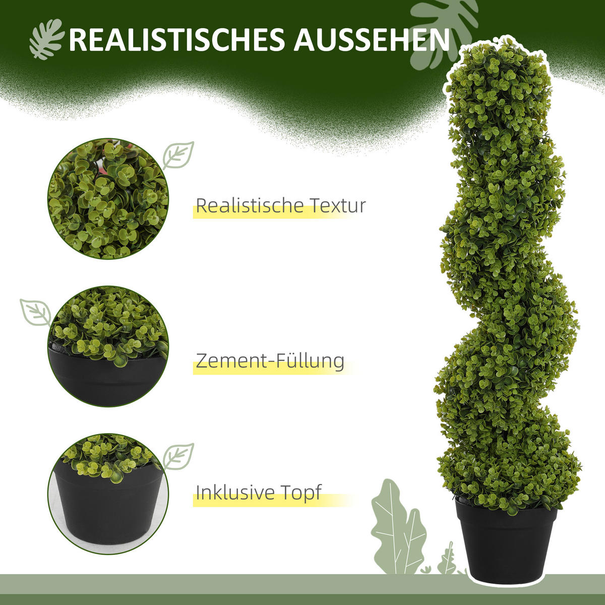 2ER-SET Künstlicher Spiral-Buchsbaum, 90 cm Kunstbaum, Kunstpflanze Grün - Schwarz/Grün, Kunststoff (90cm) - HOMCOM