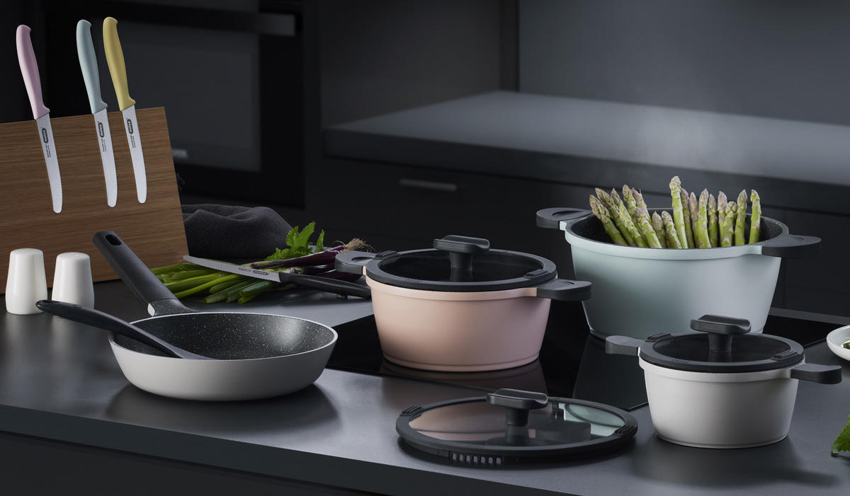 KOCHTOPFSET Happiness Tastyline 6 tlg. - Altrosa/Hellblau, Metall - Mulex