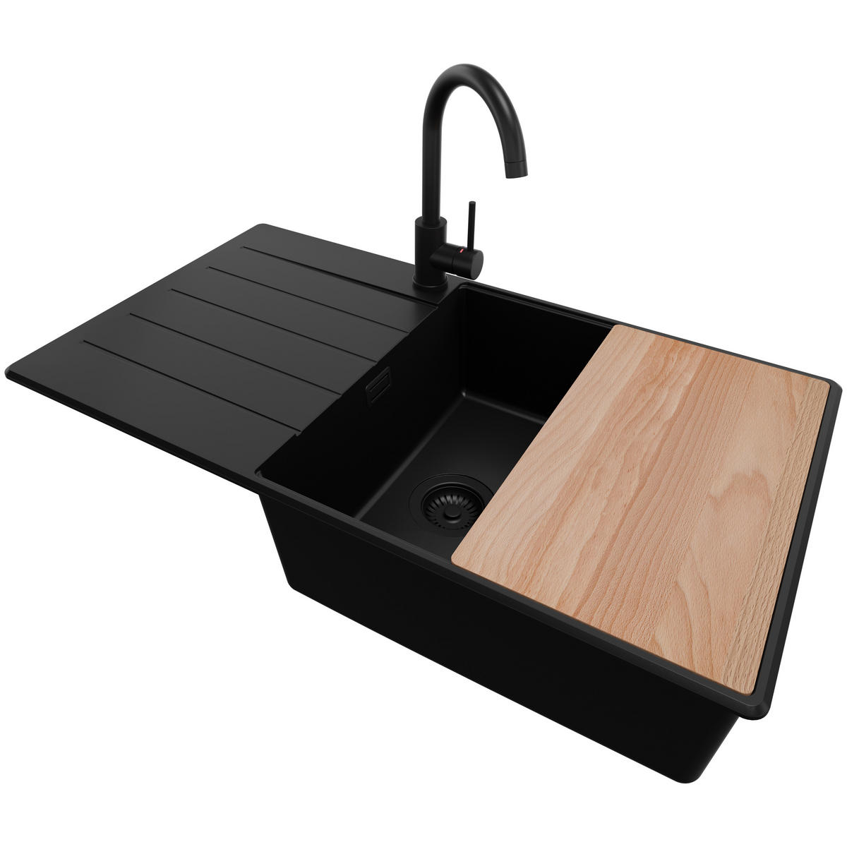 GRANITSPÜLE Kopenhagen, 2-er set Alles Schwarz 90/50 cm 1 Becken + Küchenarmatur 32/20 cm + Ablauf-Set + Schneidebrett ab 60er Unterschrank - Beige/Schwarz, Kunststoff (90/20/50cm) - Primagran