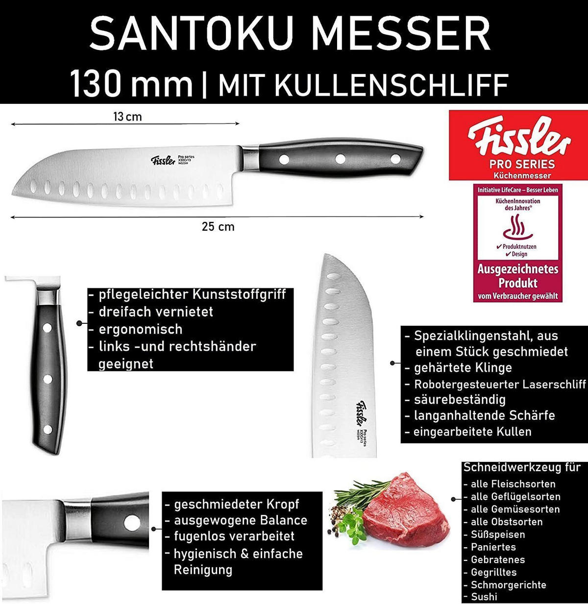 SANTOKUMESSER Pro Series 13cm Edelstahl Küchenmesser - Silberfarben/Schwarz, Kunststoff/Metall (30cm) - Fissler