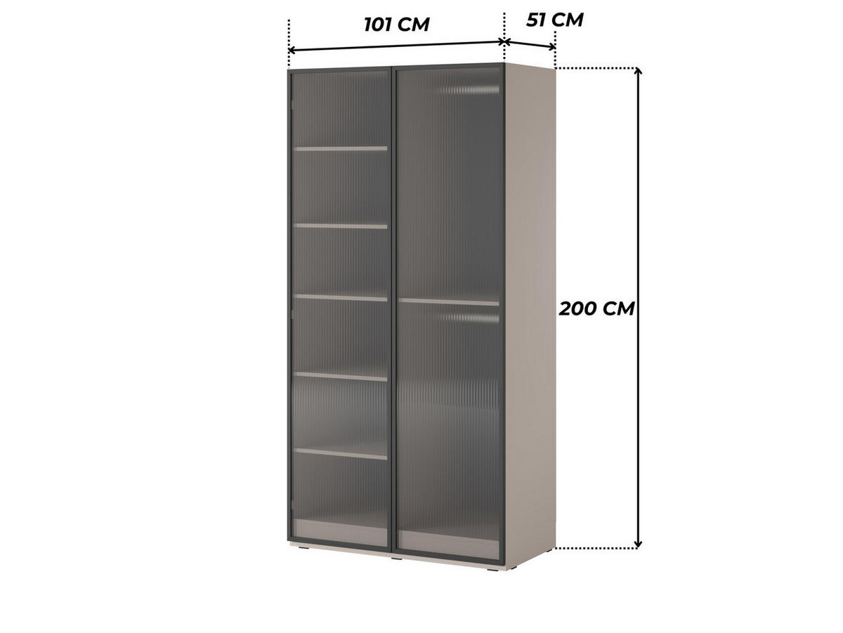 KLEIDERSCHRANK ZEN (Modular, Cashmere Matt, Geriffeltes Glas Flutes, 2-türig) - Kaschmir/Schwarz, Holz/Holzwerkstoff (101/200/51cm) - Ravio