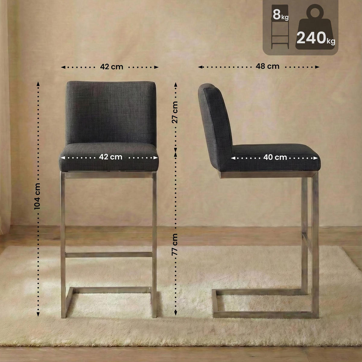 BARHOCKER Stoff Dunkelgrau - Chromfarben/Dunkelgrau, Textil/Metall (42/104/48cm) - CLP