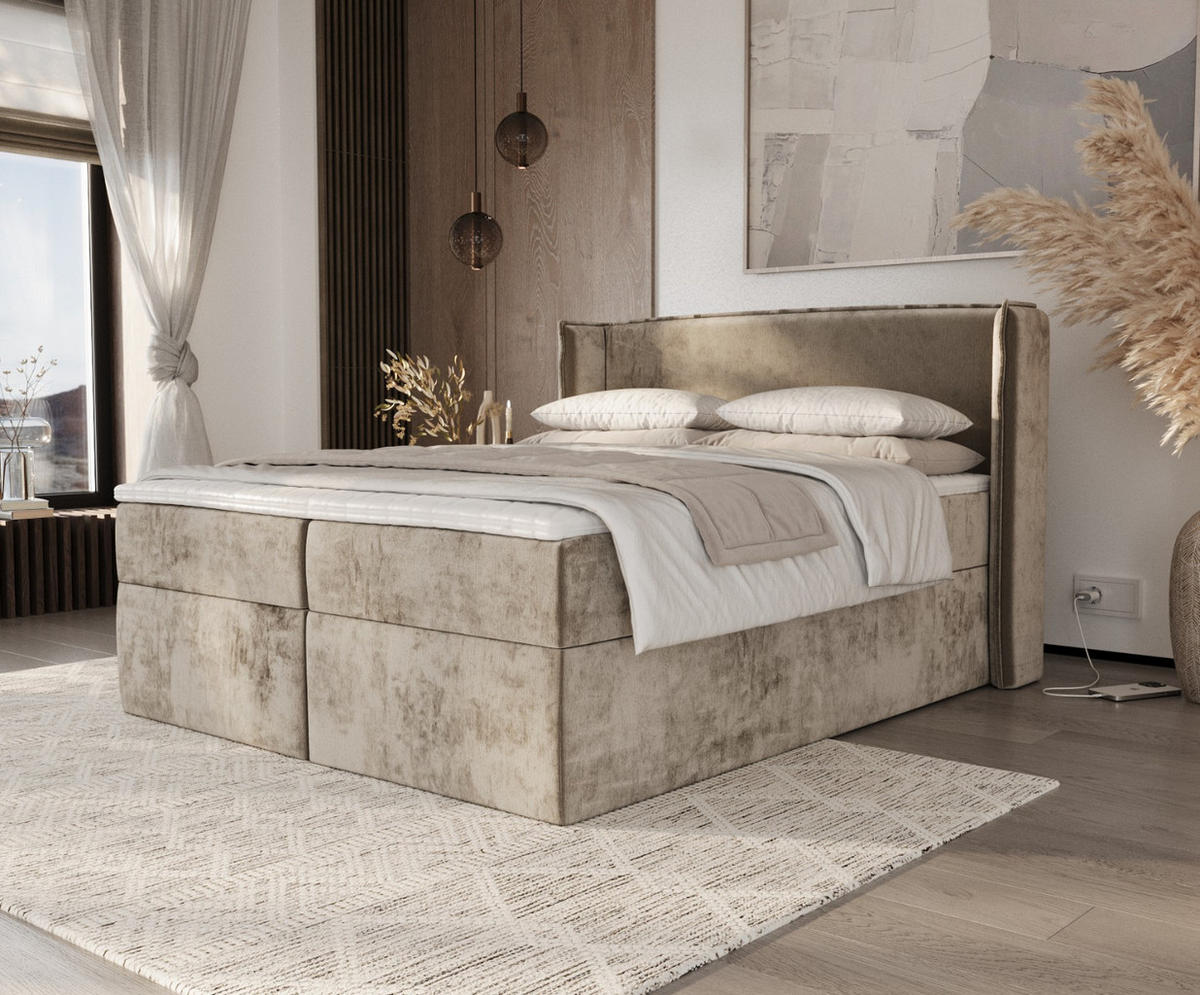 BOXBETT Viva 180/200 cm Beige im Lotta Stoff - Beige/Schwarz, Holz/Holzwerkstoff (180/200cm) - AltaBeds
