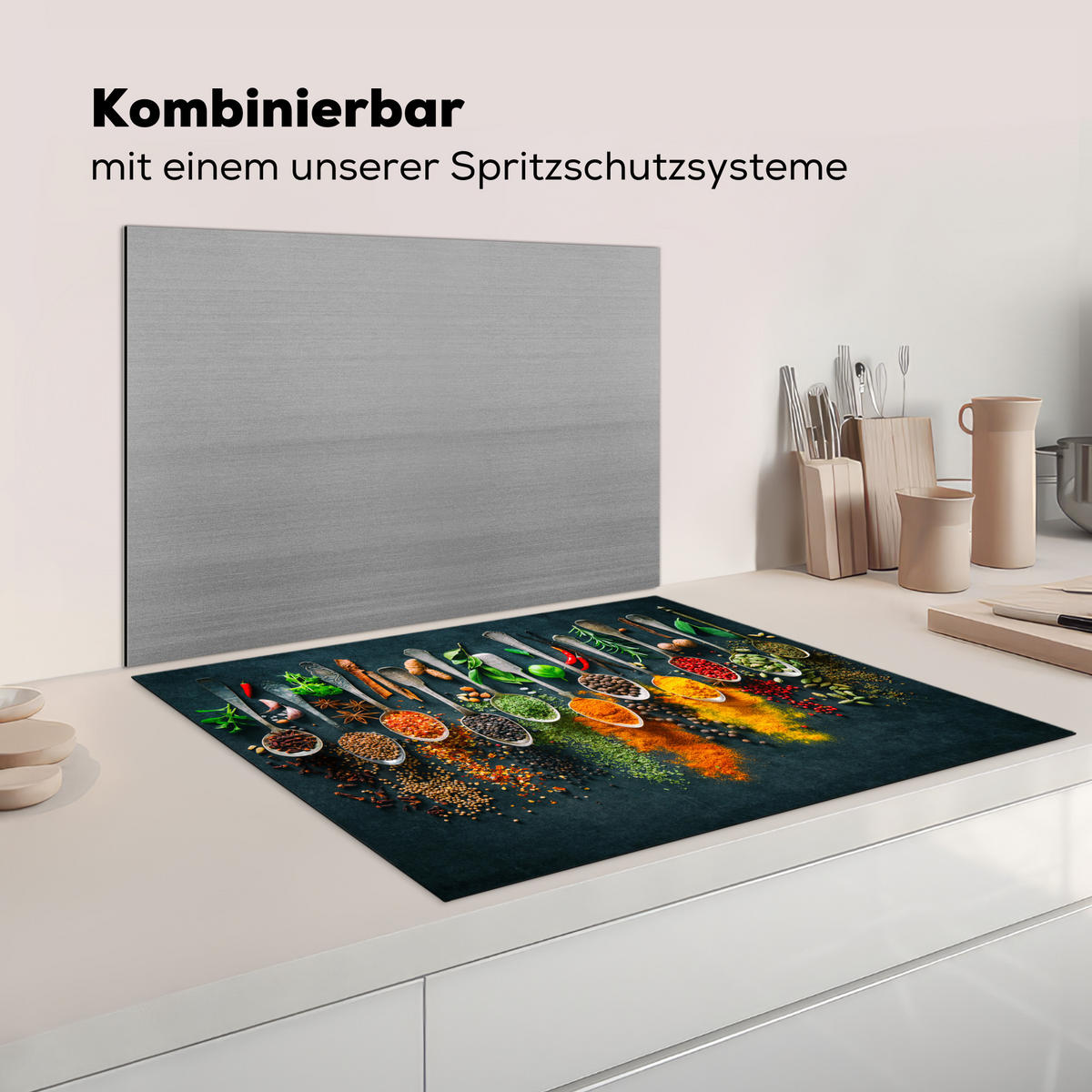 KRYT NA INDUKČNÍ DESKU Bylinky - koření - lžíce 77x59 cm - různobarevná, plast (77/59/0.2cm) - MuchoWow