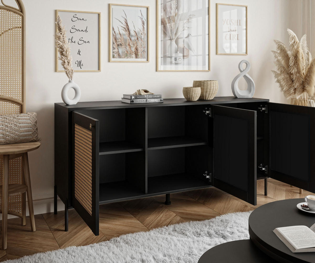 KOMMODE VIENNA 3D mit Wiener Geflechtimitation / Schwarz - Schwarz, Holzwerkstoff (154/72/40cm) - Lookway