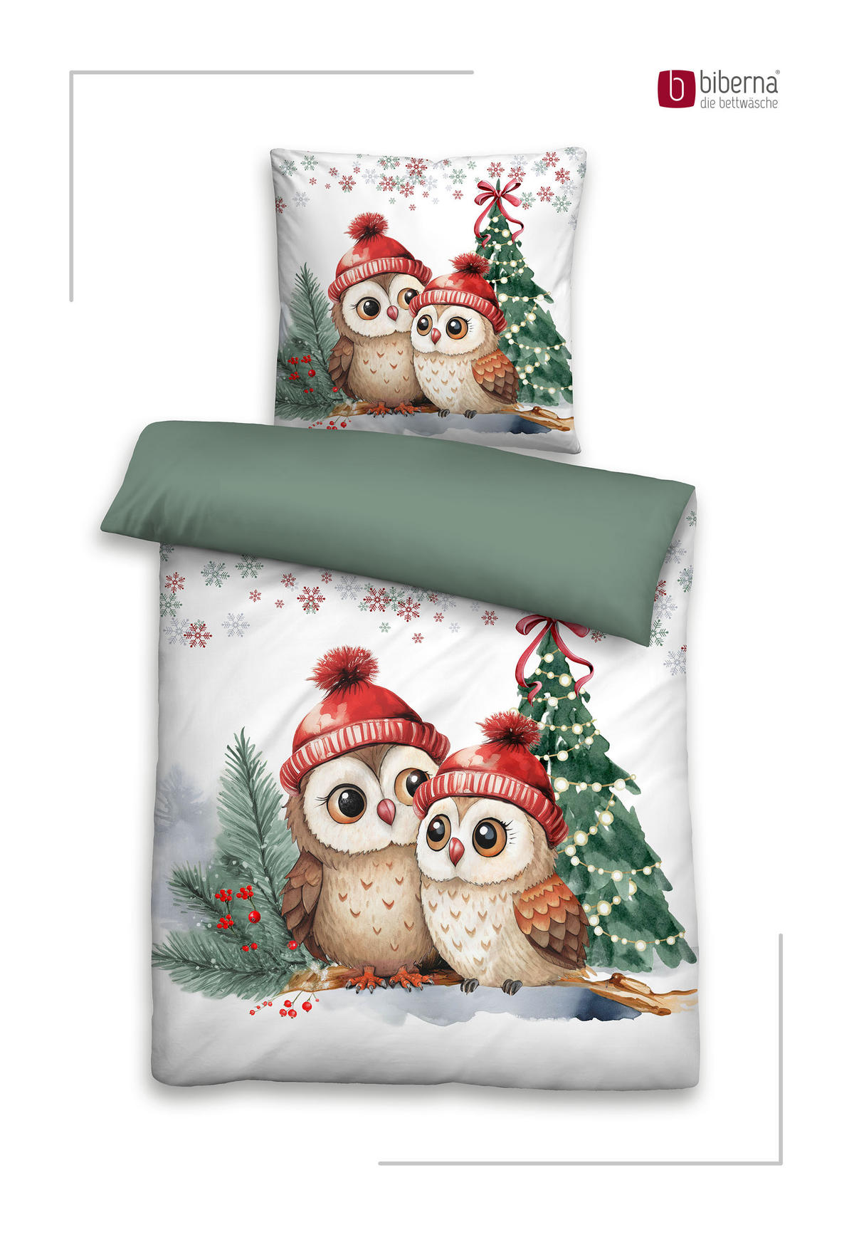 BETTWÄSCHE-GARNITUR Biber Eulen Weihnachten tanne, 155x220 cm + 80x80 cm - Dunkelgrün, Textil (155/220cm) - biberna