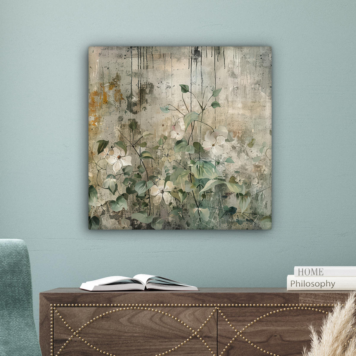 LEINWANDBILD - Blumen - Blätter - Abstrakt - Modern - 50x50 - Room Decor - Grau, Textil (50/50cm) - MuchoWow