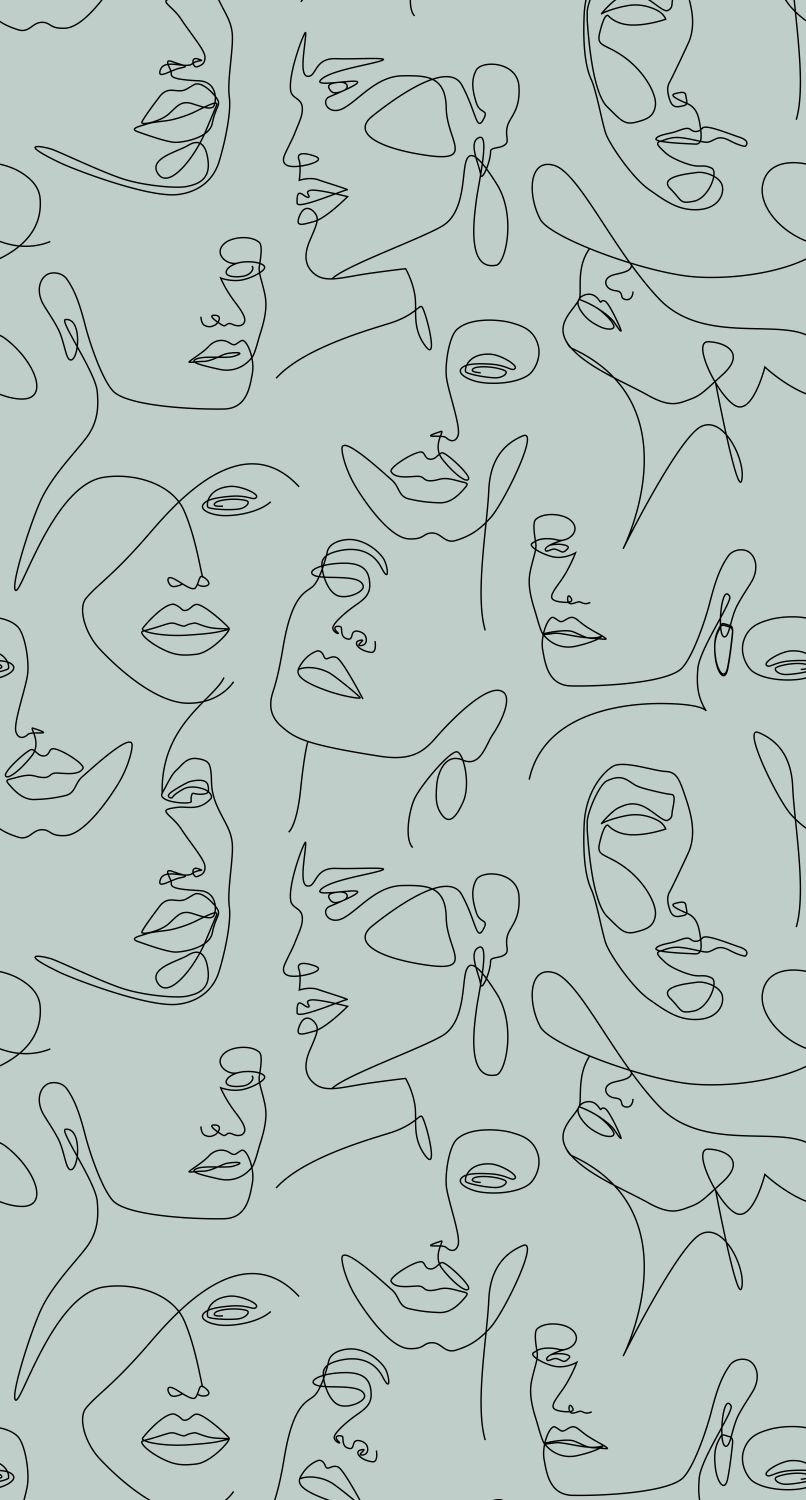 FOTOTAPETE Line Art Gesichter 150 x 279 cm - Grün, Papier (150/279cm) - ESTAhome