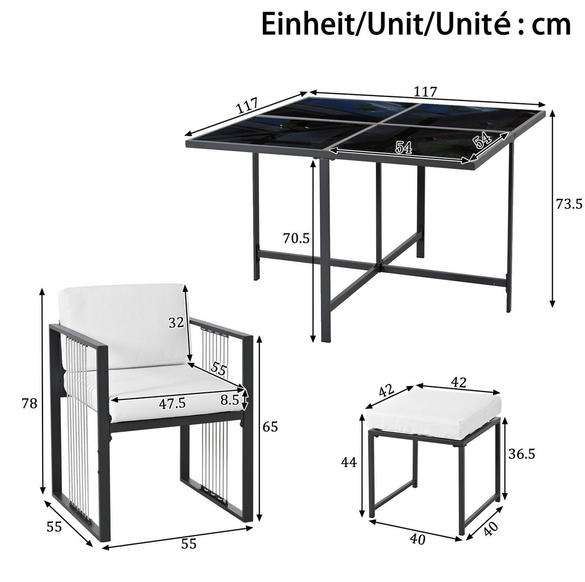 GARTEN-ESSGRUPPE 7-tlg. für 6 Personen 117x117 cm Schwarz/Weiß - Beige, Metall - Beauniv