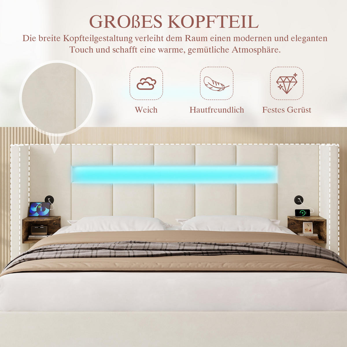 POLSTERBETT 160/200 cm Beige mit 2 USB und LED-Licht - Beige, Textil (160/200cm) - Oxeza