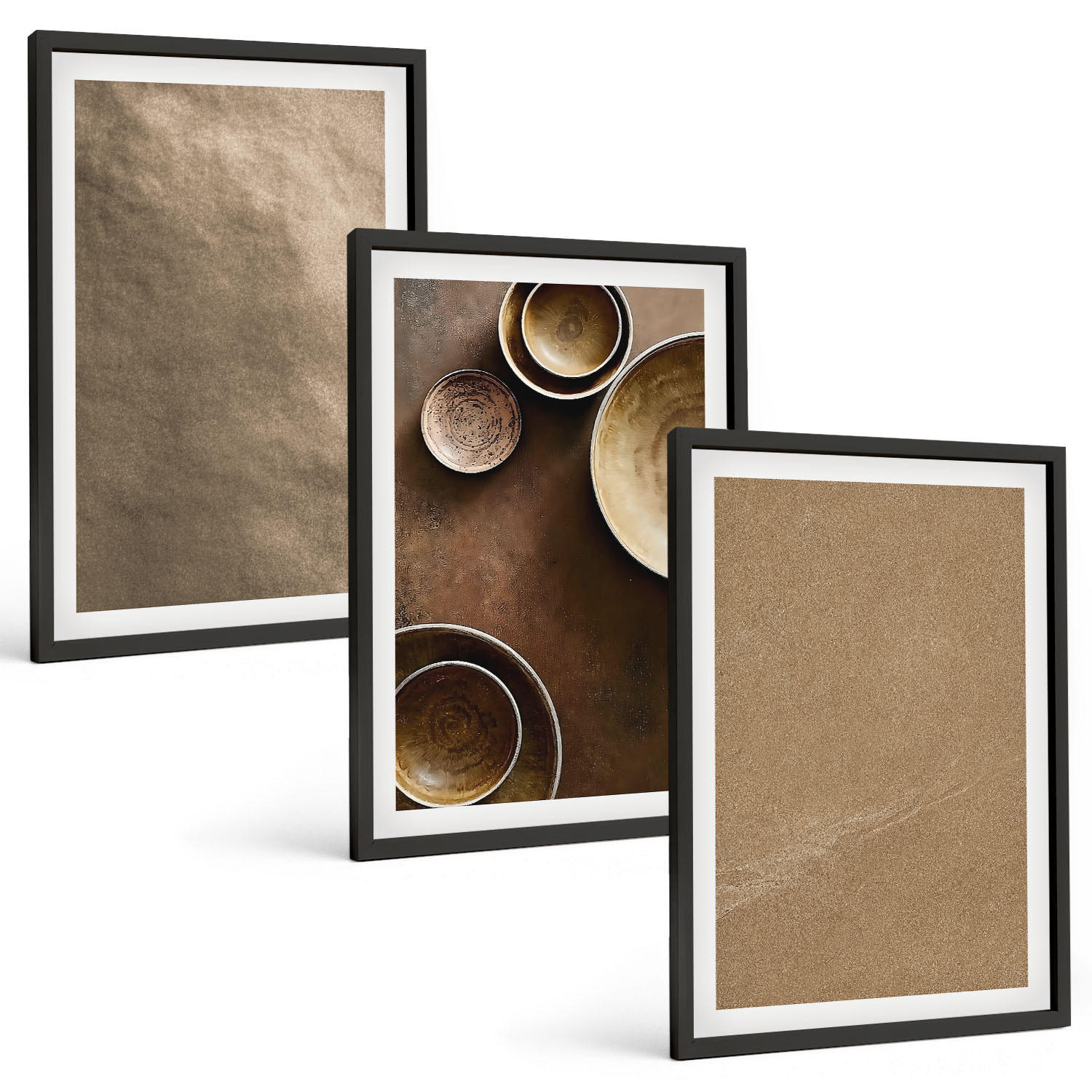 BILDER SET 3er Set - 40x60 cm Schwarzer Rahmen - Minimalistische Steinstrukturen - Schwarz, Kunststoff (40/60cm) - TULUP