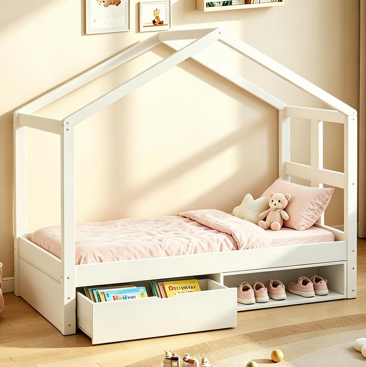KINDERBETT 90/190 cm mit Schublade, Schuhschrank und LED-Lichtstreifen, Weiß - Weiß, Holzwerkstoff (90/190cm) - Redom