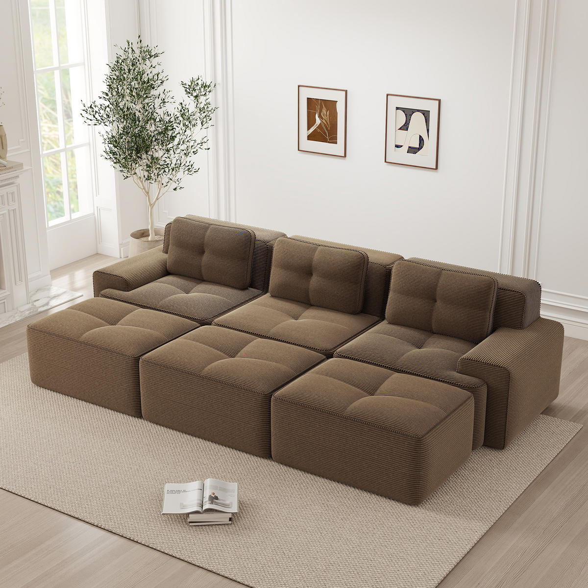 3-SITZER Sofa 293x177x69 cm aus Cordstoff rahmenlos modular mit 3 Hockern, braun - Braun, Textil (177/69/293cm)