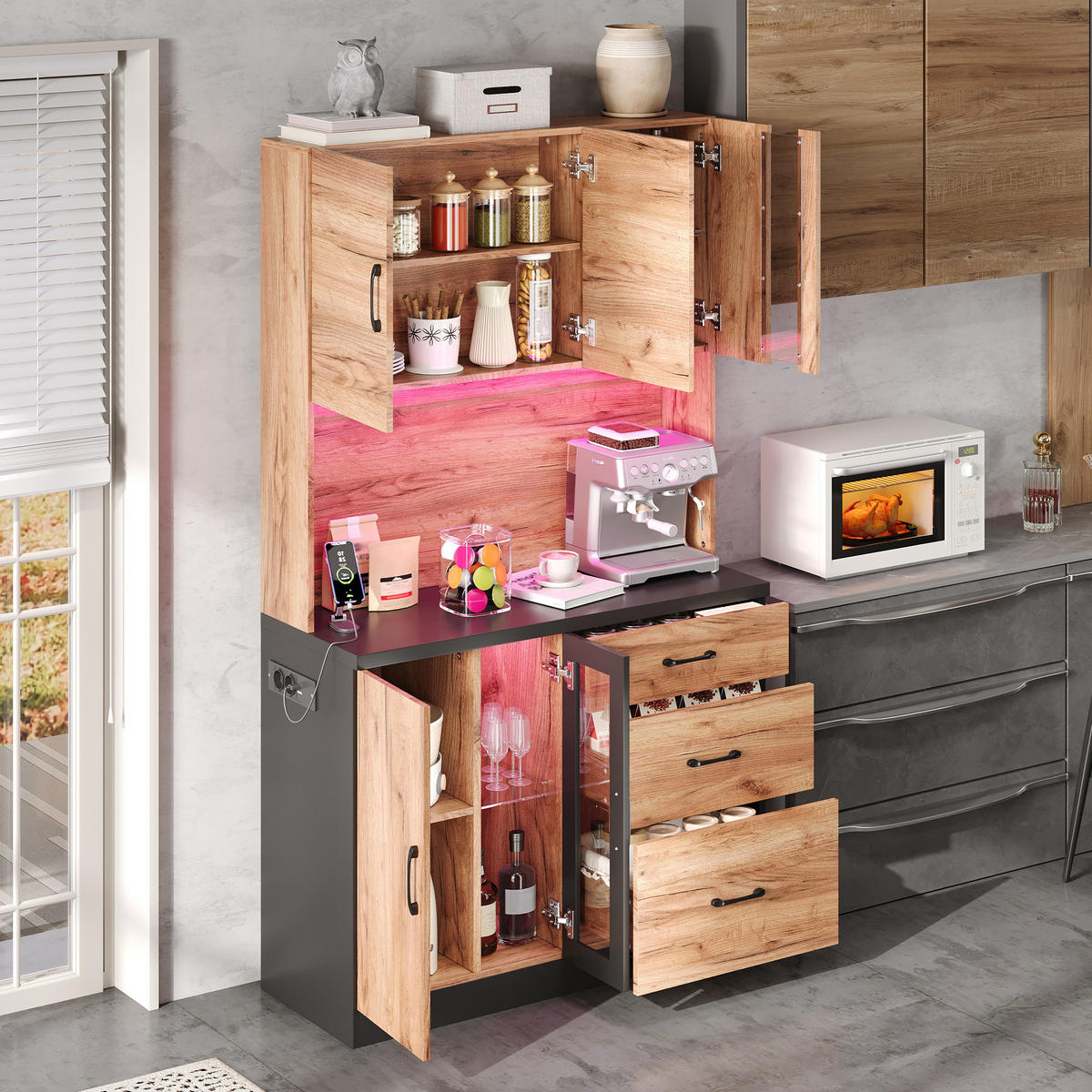 KÜCHENSCHRANK in Naturfarbe Küchenbuffet mit LED-Beleuchtung und Steckdose für Küchen und Esszimmer, B105/T40/H180 cm - Naturfarben, Holzwerkstoff (105/180/40cm) - STILVORA