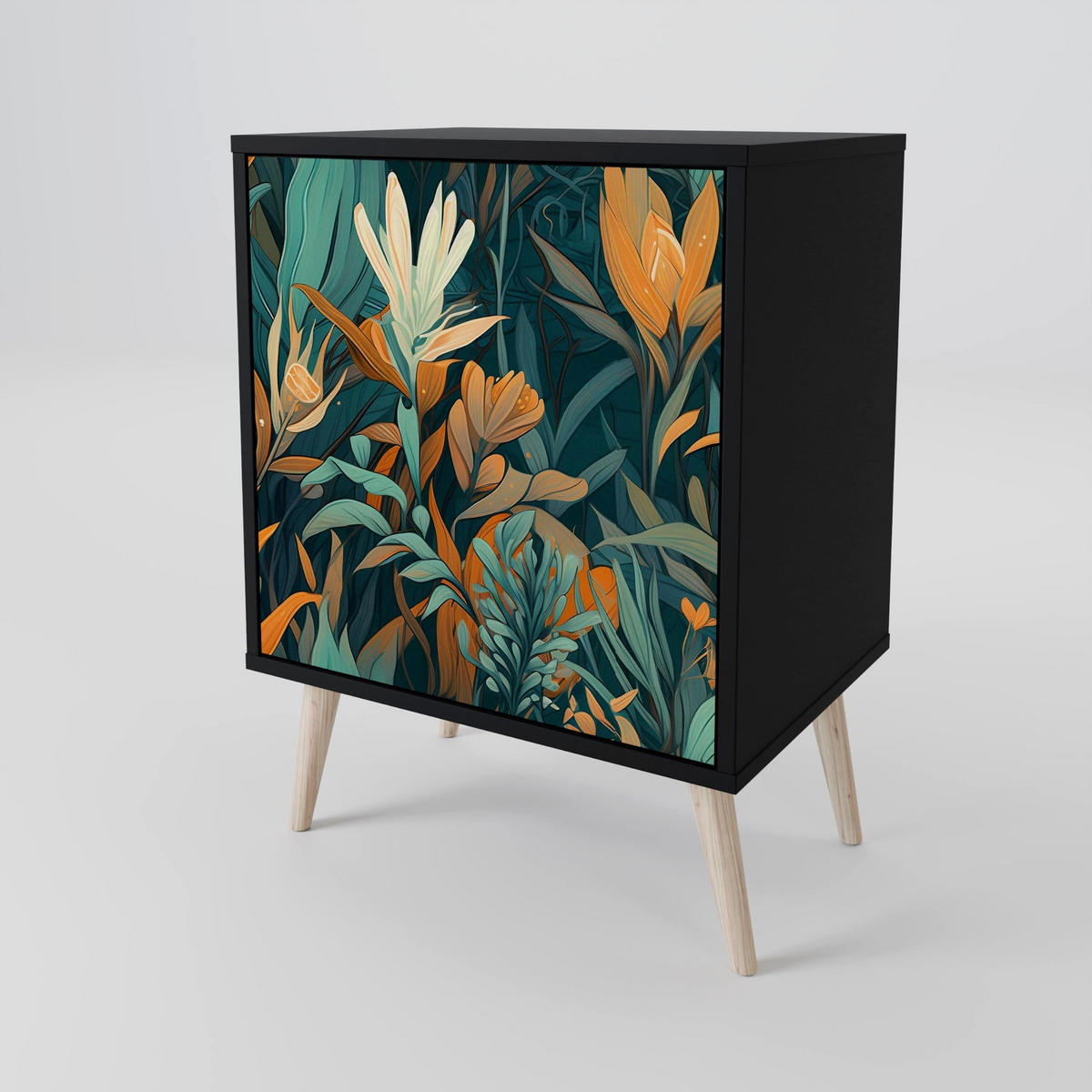 SIDEBOARD FLORAL SERENITY, Schwarz, 57,5x42x75,5 cm, Goldfarbene Metallfüße - Goldfarben/Multicolor, Holzwerkstoff/Metall (57.5/75.5/42cm) - SpaceRebels