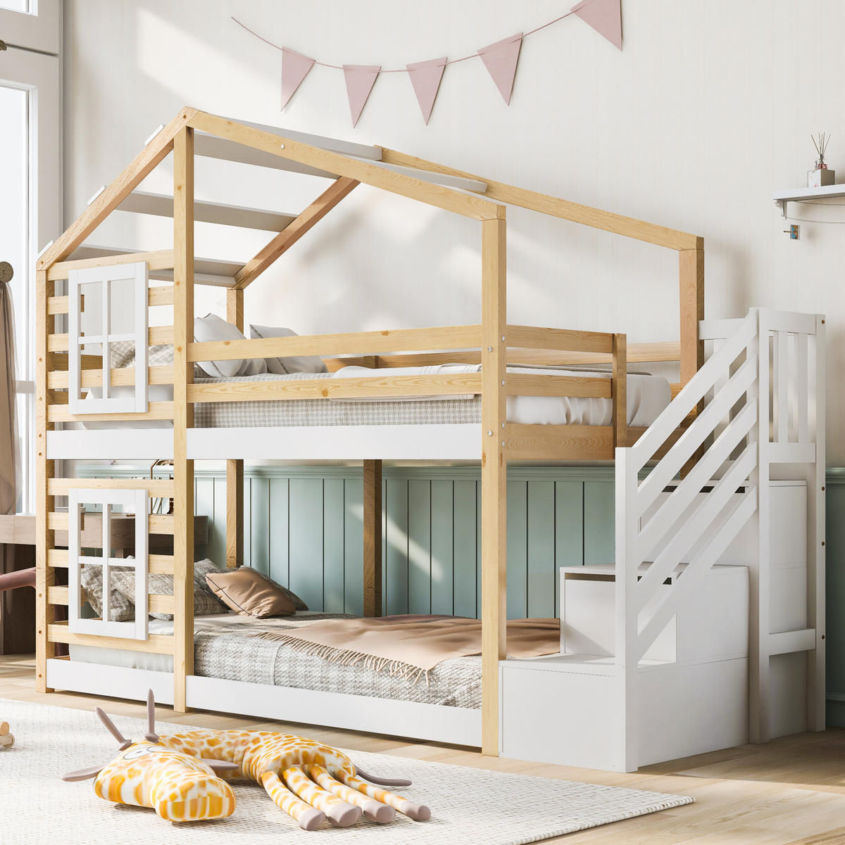 HAUSBETT 90/200 cm Natur & Weiß aus Kiefer-Massivholz und MDF mit Stauraum - Naturfarben, Holzwerkstoff (90/200cm) - OKMYHOME