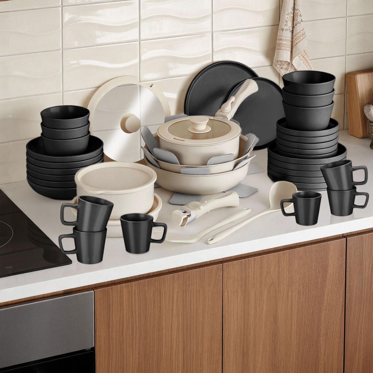 KÜCHENSTARTERSET 46er Set Una/Genua, inklusive Küchenwerkzeugen, Topfschonern und anklemmbaren Griffen, schwarz/weiß - Schwarz/Weiß, Keramik - tectake