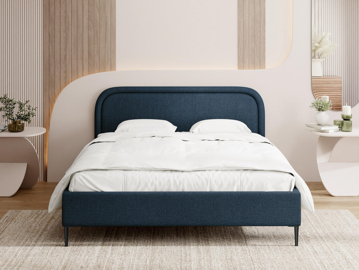 POLSTERBETT Jasmine Slim mit Bettkasten, Lattenrost & hohen Metallfüßen in Dunkelblau Chenille 140x200 cm - Birkefarben/Schwarz, Holz/Textil (140/200cm) - WFL GROUP