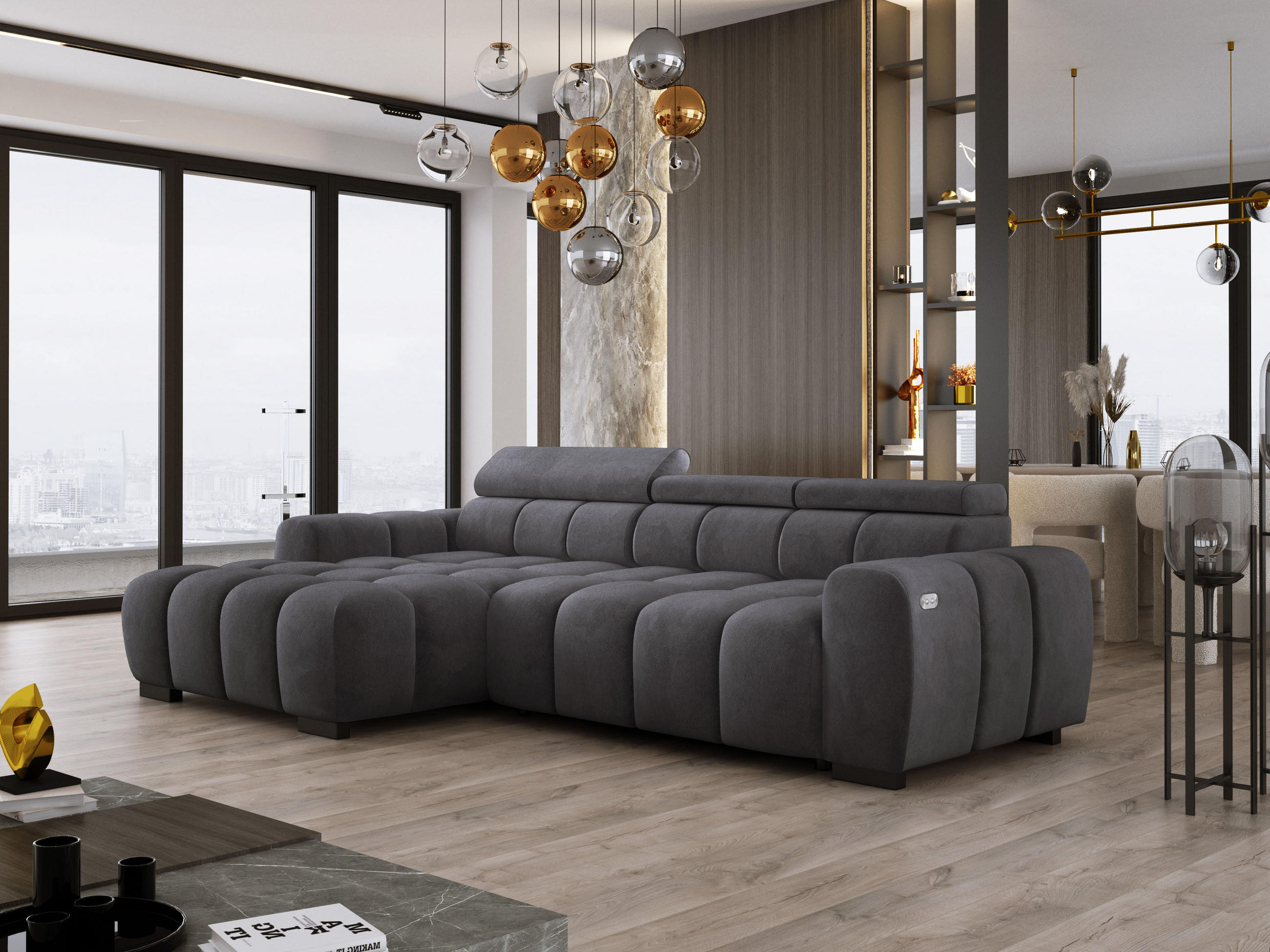 ECKSOFA OMBO 285x168x77/97 cm, Links, Schlaffunktion, elektr. Sitz, Kopfstützen, Buche dunkel, hydrophober SALVADOR-Stoff – Schwarz - Graphitfarben, Holz/Textil (168/285cm) - DomoHome