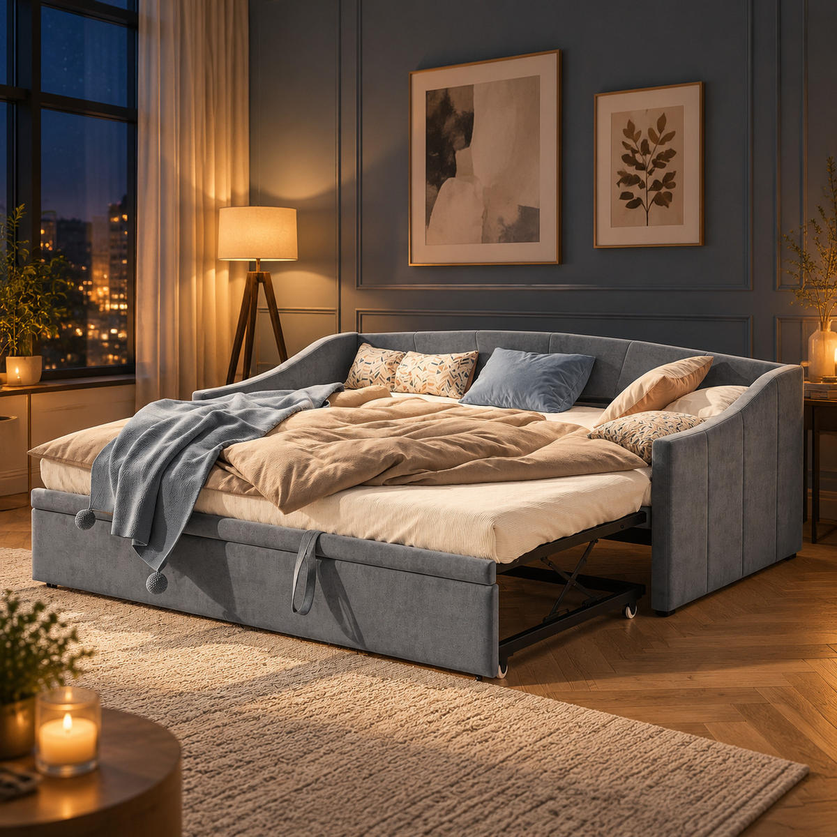 SCHLAFSOFA , veloursbezogen, 3-fach umwandelbar, mit Ausziehfunktion und Stauraum grau - Grau, Metall (190/74.5/210cm) - Joyfair