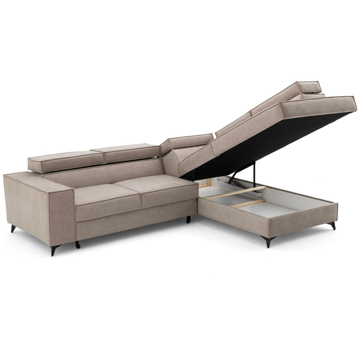 ECKSOFA PURE L Rechts mit Schlaffunktion 127x199 Velours Creme - Creme/Schwarz, Holz/Textil (204/281cm) - Muffo