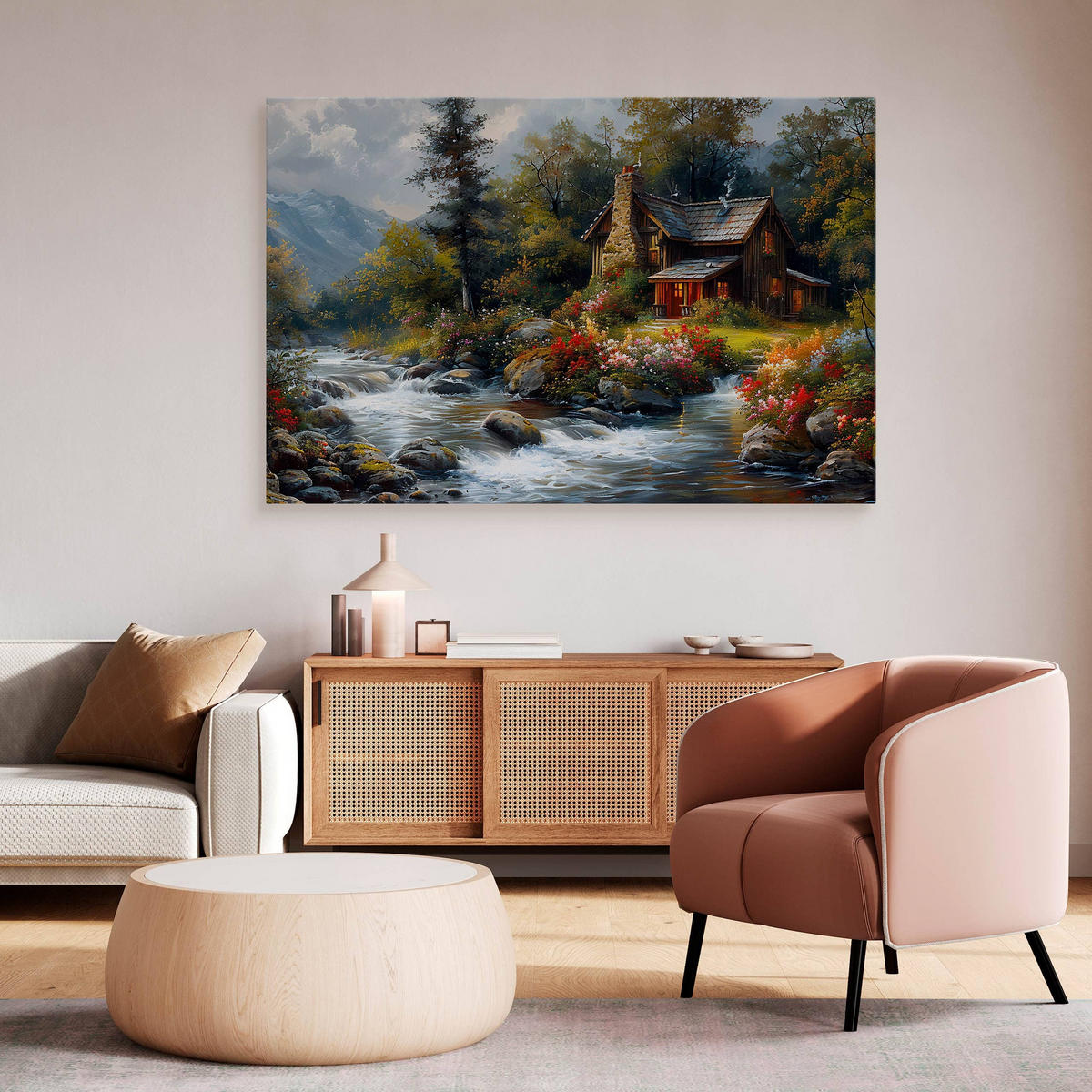 LEINWANDBILD Berghütte Pflanzen Natur Landschaft 90cm x 60cm - Blau/Beige, Textil (90/60cm) - Muralo