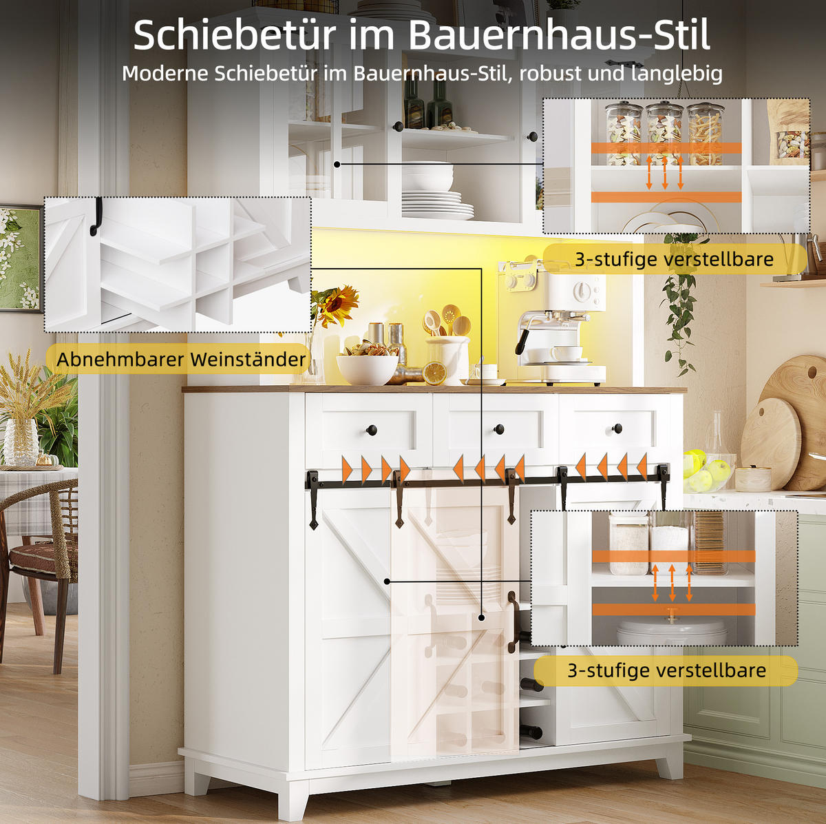 BUFFET 105/180/38,4 cm Weiß aus MDF mit LED-Beleuchtung - Weiß, Holzwerkstoff (38.4/180/105cm) - OKMYHOME