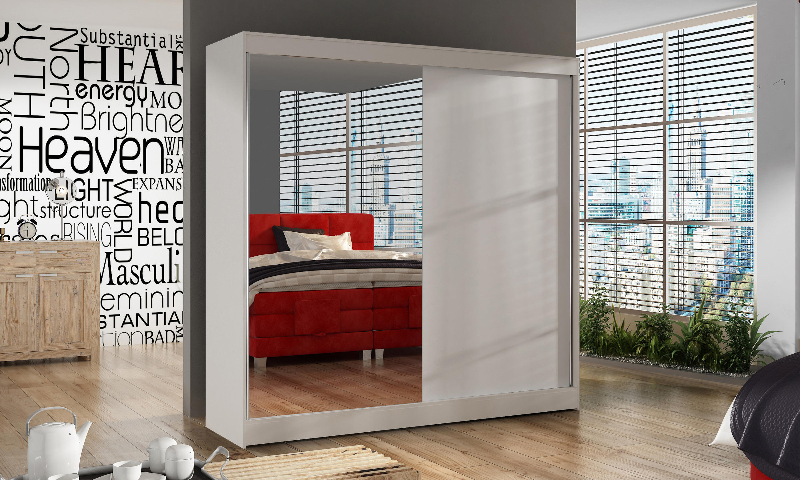 SCHWEBETÜRENSCHRANK Basti I - 200 cm - Weiß, Holzwerkstoff/Metall (200/215/58cm) - Sofnet