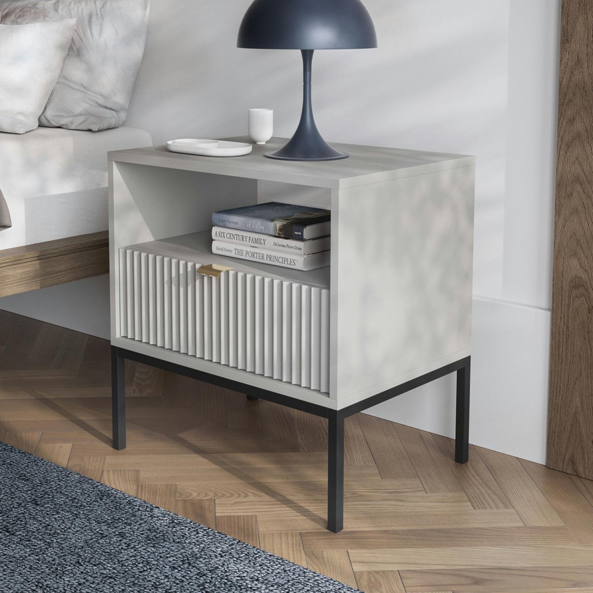 NACHTTISCH NANAIMO STO2-1S Profilierte Fronten, Grau - Grau, Holzwerkstoff/Kunststoff (54/56/39cm) - Komodee