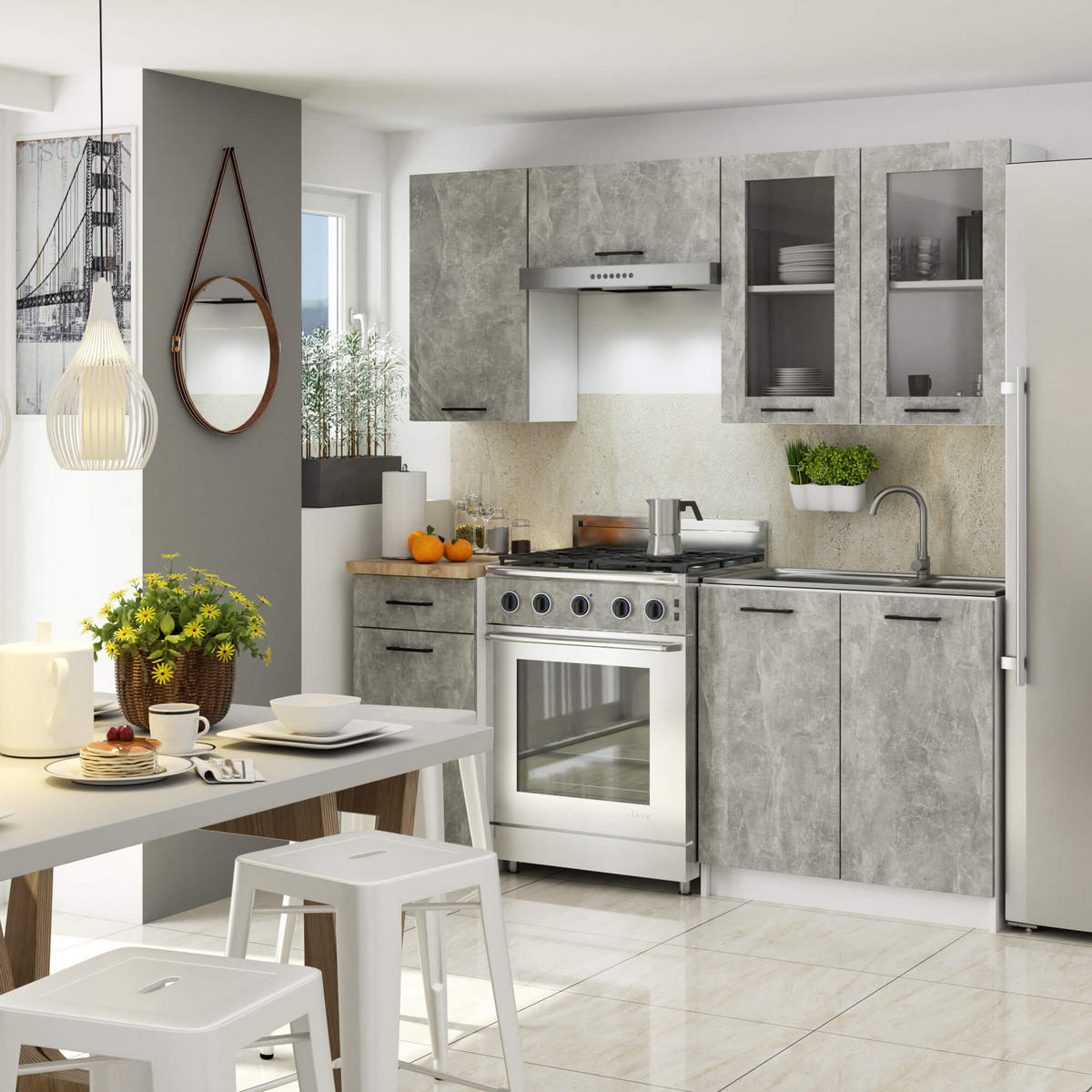 KÜCHENVITRINE Weiß, Steingrau 80x30,5x72 cm - Schwarz/Weiß, Glas/Holzwerkstoff (80/72/30.5cm) - Akord