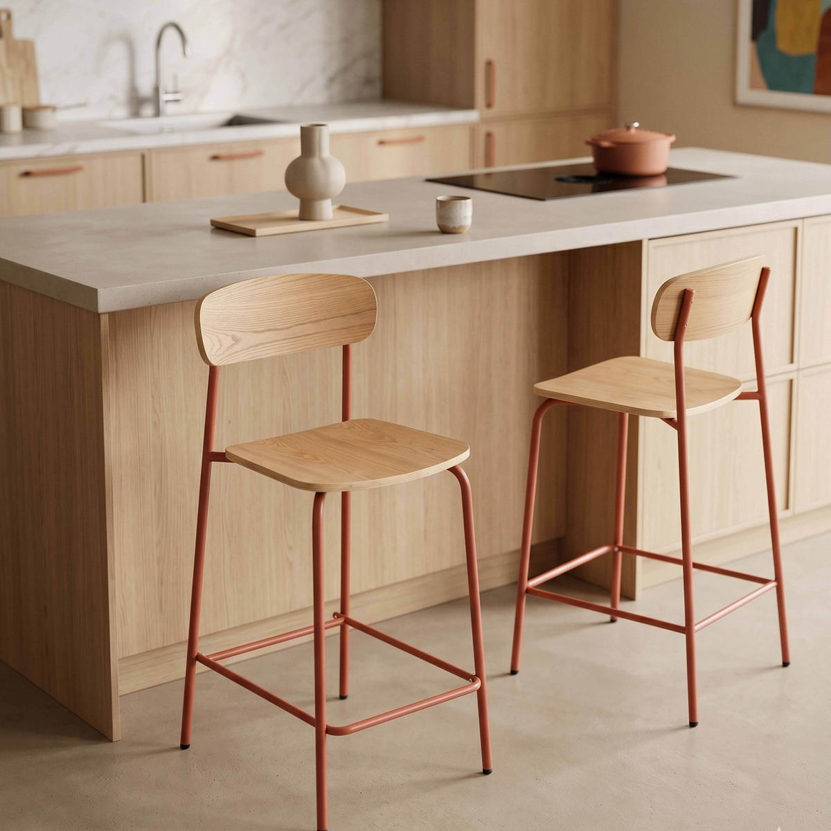 BARSTUHL 2-tlg., Orange - Orange, Holz/Metall (50/96/42cm) - Oviala
