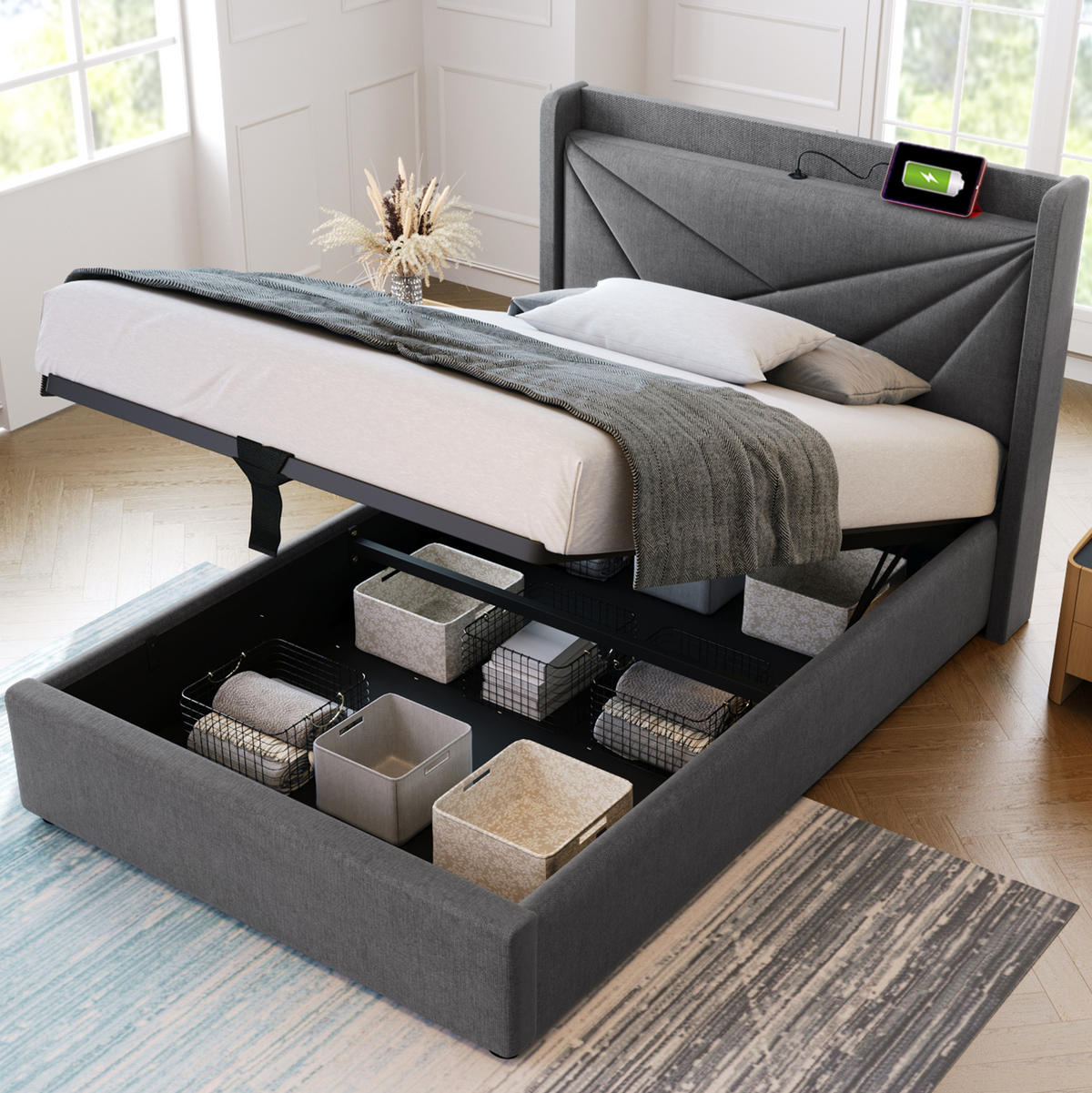 POLSTERBETT aus Baumwoll-Leinen 90x200 cm Grau mit Bettkasten, USB- und USB-C-Anschluss und Matratze - Grau, Textil (90/200cm) - IVMEU
