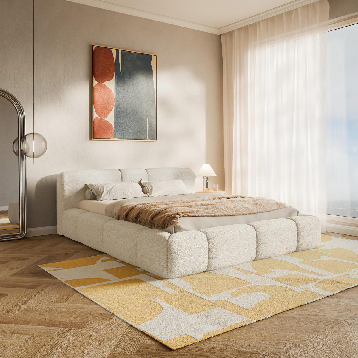 ČALOUNĚNÁ postel Bowia, světle béžový plyš, 200x200 cm - černá/ecru, textil (200/200cm) - Selsey