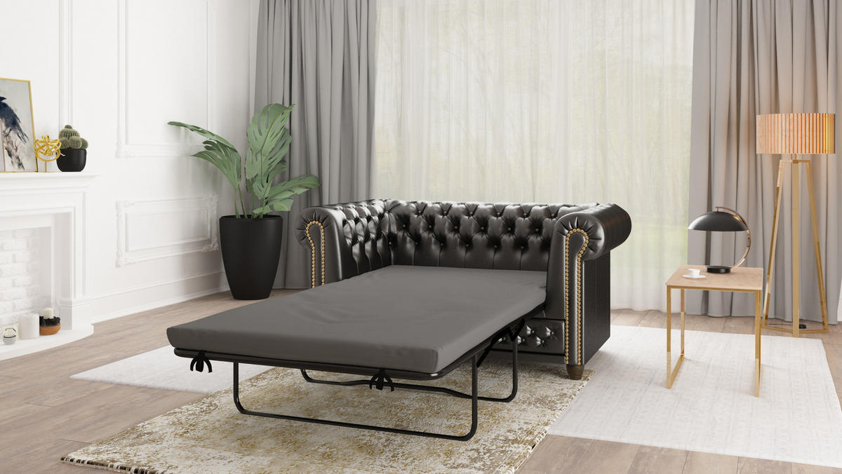 SITZGARNITUR 3+2+1 mit Schlaffunktion Chesterfield Morin Schwarz Vegan Leder - Schwarz/Braun, Buchenholz/Textil (203/72/86cm) - S-Style Möbel