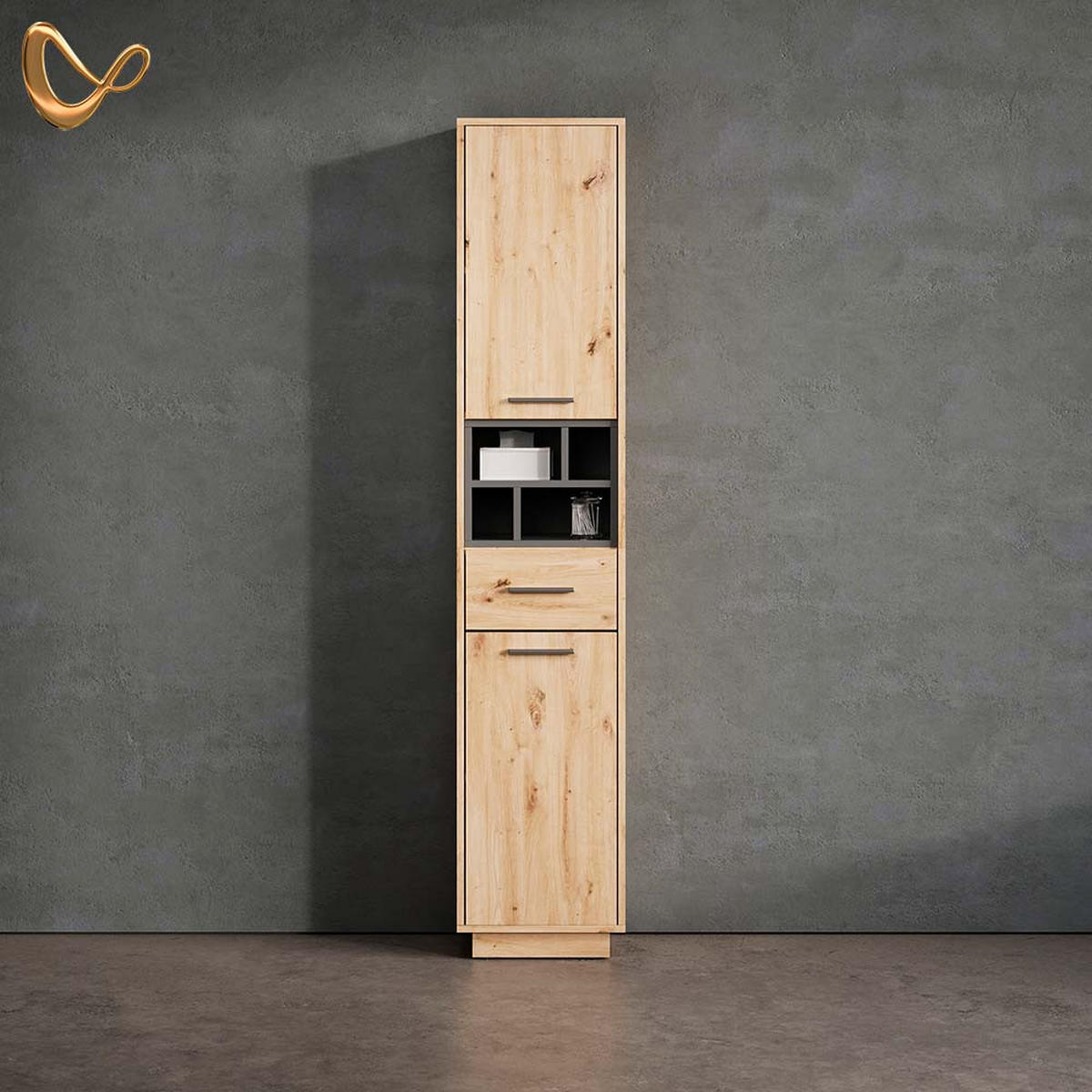 BADSCHRANK Temo Artisan Eiche/Anthrazit 38 x 190 cm mit Türen, Schublade und offenen Fächern - Anthrazit/Eiche Artisan, Holzwerkstoff (38/190/30cm) - Livinity®