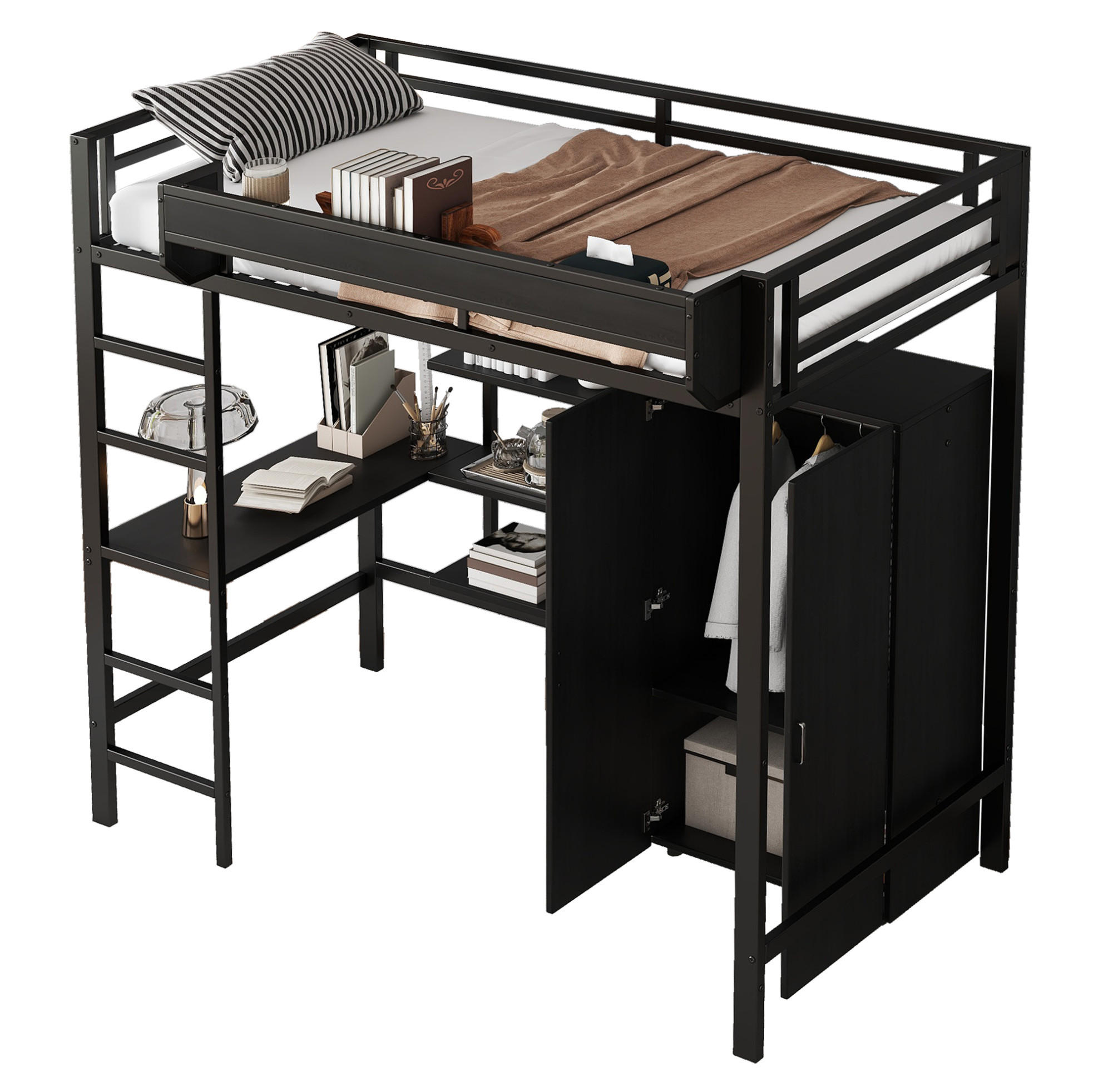 ETAGENBETT 90/200 cm Schwarz mit Tisch und Kleiderschrank - Weiß, Metall (90/200cm) - Flora Grace
