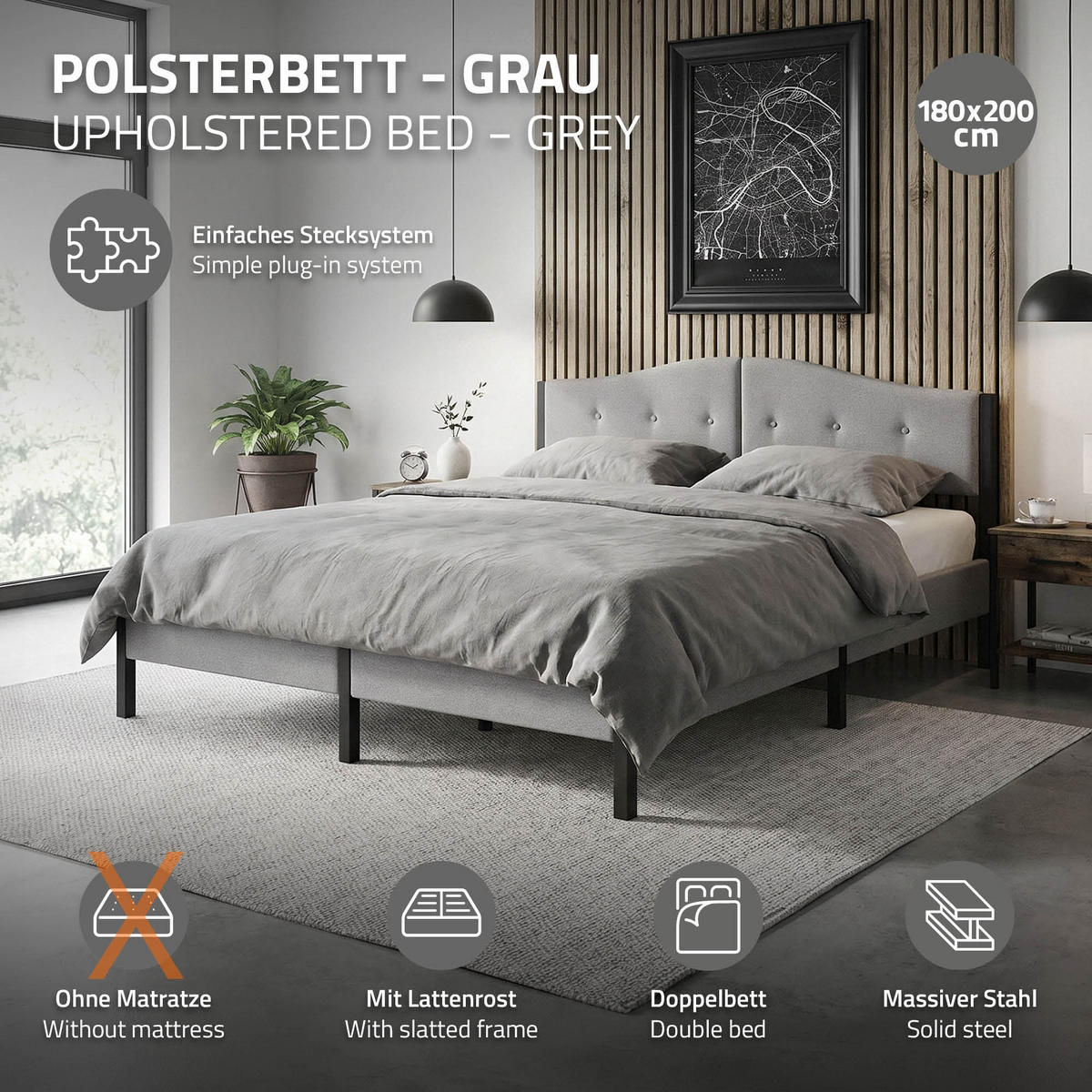 ČALOUNĚNÁ postel 180x200 cm, šedá, s roštem a lněným potahem - šedá, kompozitní dřevo/textil (180/200cm) - ML-DESIGN
