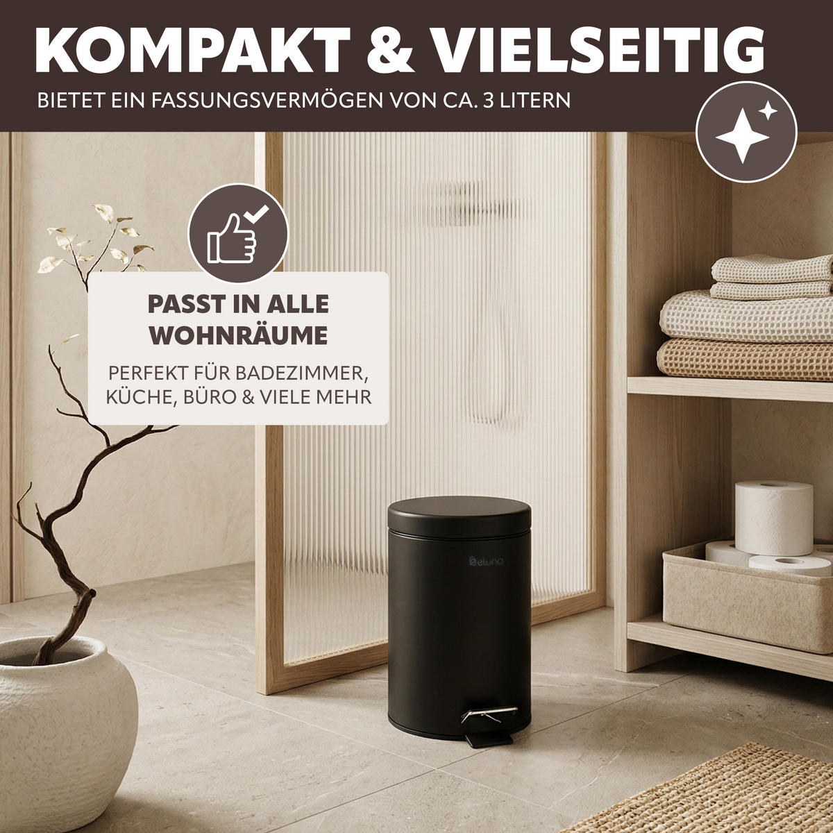 KOSMETIKEIMER AGLIANO, 3 Liter Fassungsvermögen, Metall, schwarz - Schwarz, Metall (17/25.5/20cm) - eluno