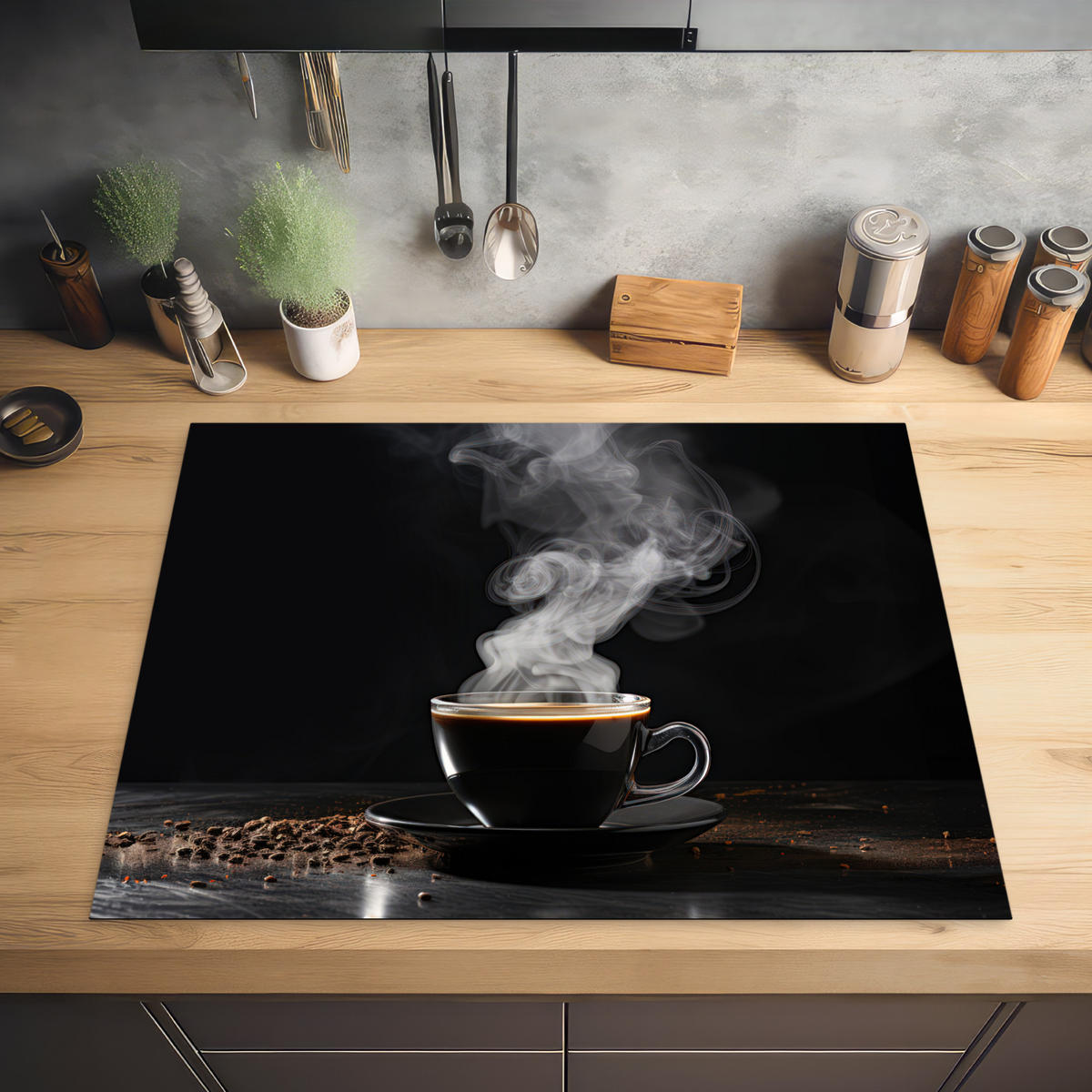 HERDABDECKPLATTE Kaffee - Schwarz - Bohnen - Heiß - Tasse Induktionsmatte 77x59 cm - Schwarz, Kunststoff (77/59/0.2cm) - MuchoWow