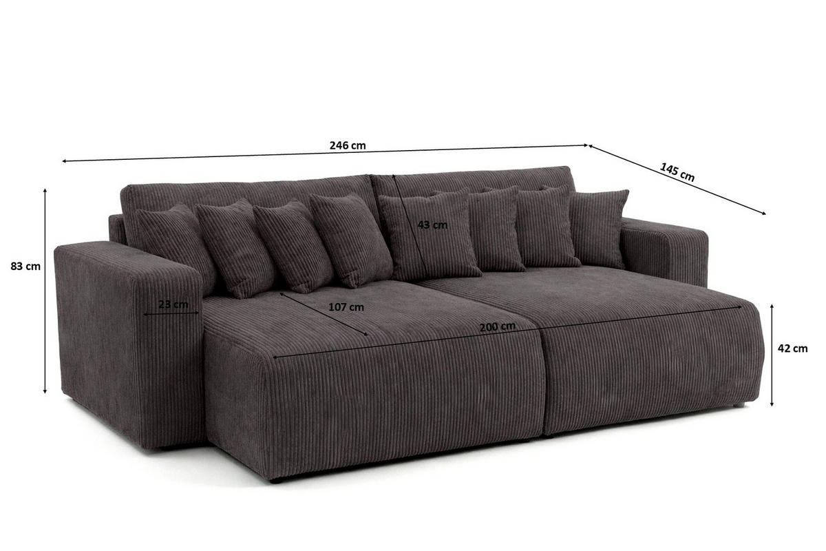 SCHLAFSOFA, Cordstoff Poso, Dunkelgrau, PIANO DOUBLE - Dunkelgrau, Holz (246/83/145cm) - Kaiser Möbel