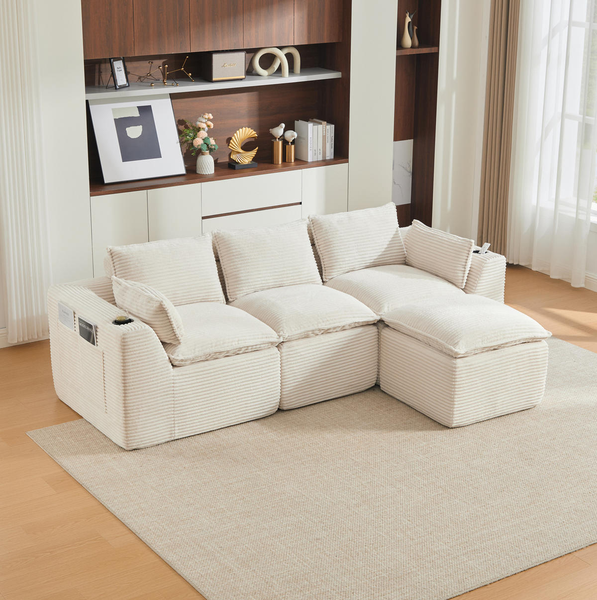 ECKSOFA 256/161/75 cm beige aus Corduroy mit Seitentaschen und Kissen - Beige, Textil (161/256cm) - OKWISH