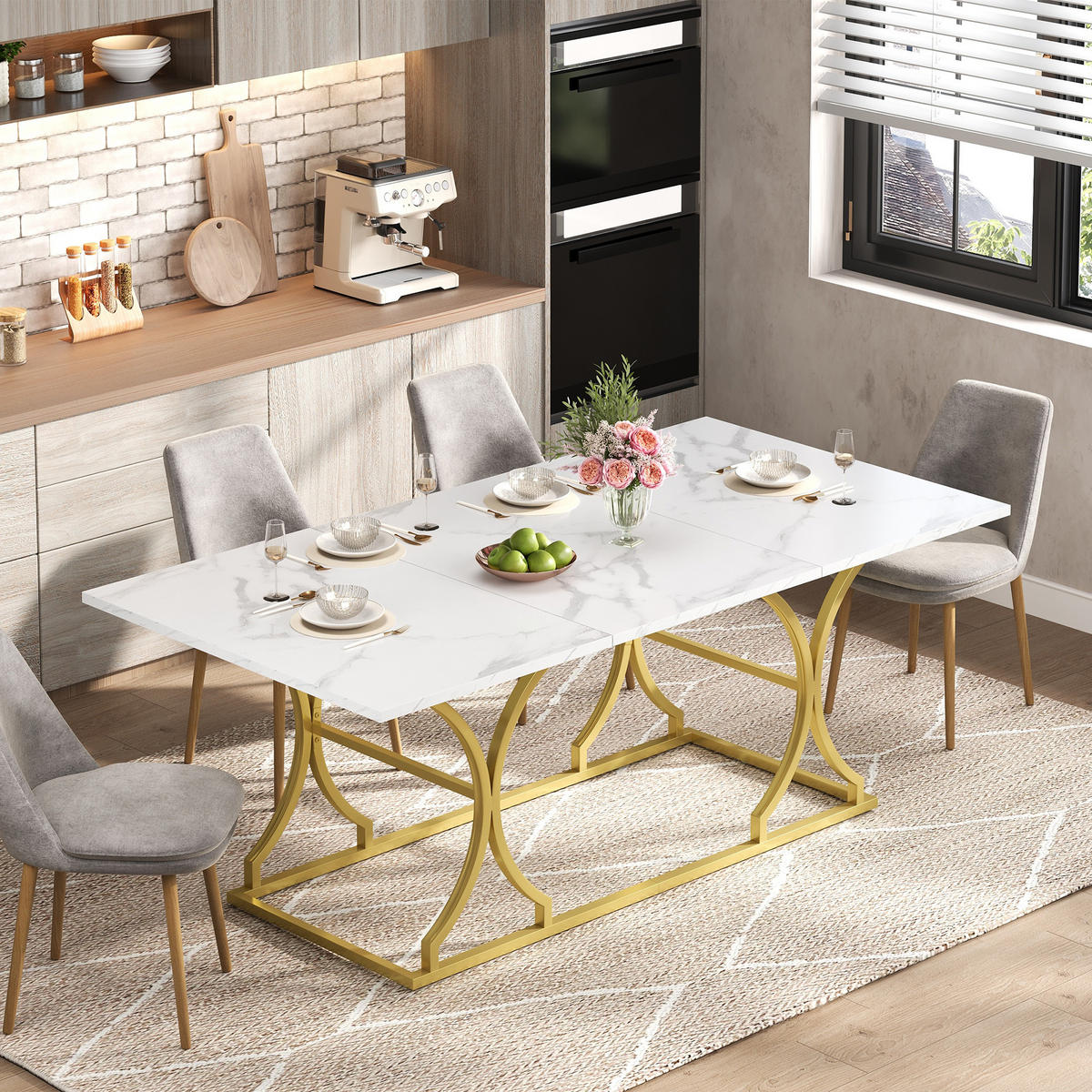 ESSTISCH in Weiß und Gold Küchentisch mit Tischplatte in Marmoroptik für 8–10 Personen, L200/B80/H76 cm - Goldfarben/Weiß, Holzwerkstoff/Metall (80/200/76cm) - STILVORA