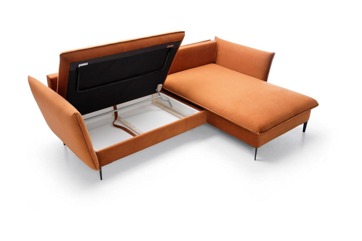 ECKSOFA SOLE Orange Plüsch-Stoff mit Schlaffunktion - Orange, Holz (258/167cm) - MASSENO