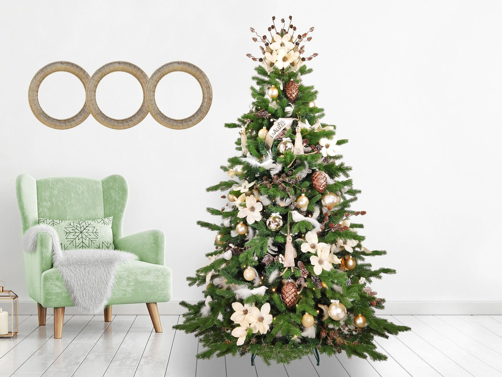 WEIHNACHTSBAUM geschmückt künstlich mit 136 Ornamenten ELEGANZ DER NATUR 240 cm Baum mit Ständer und Weihnachtsornamenten - Creme/Braun, Kunststoff (240cm) - LAALU