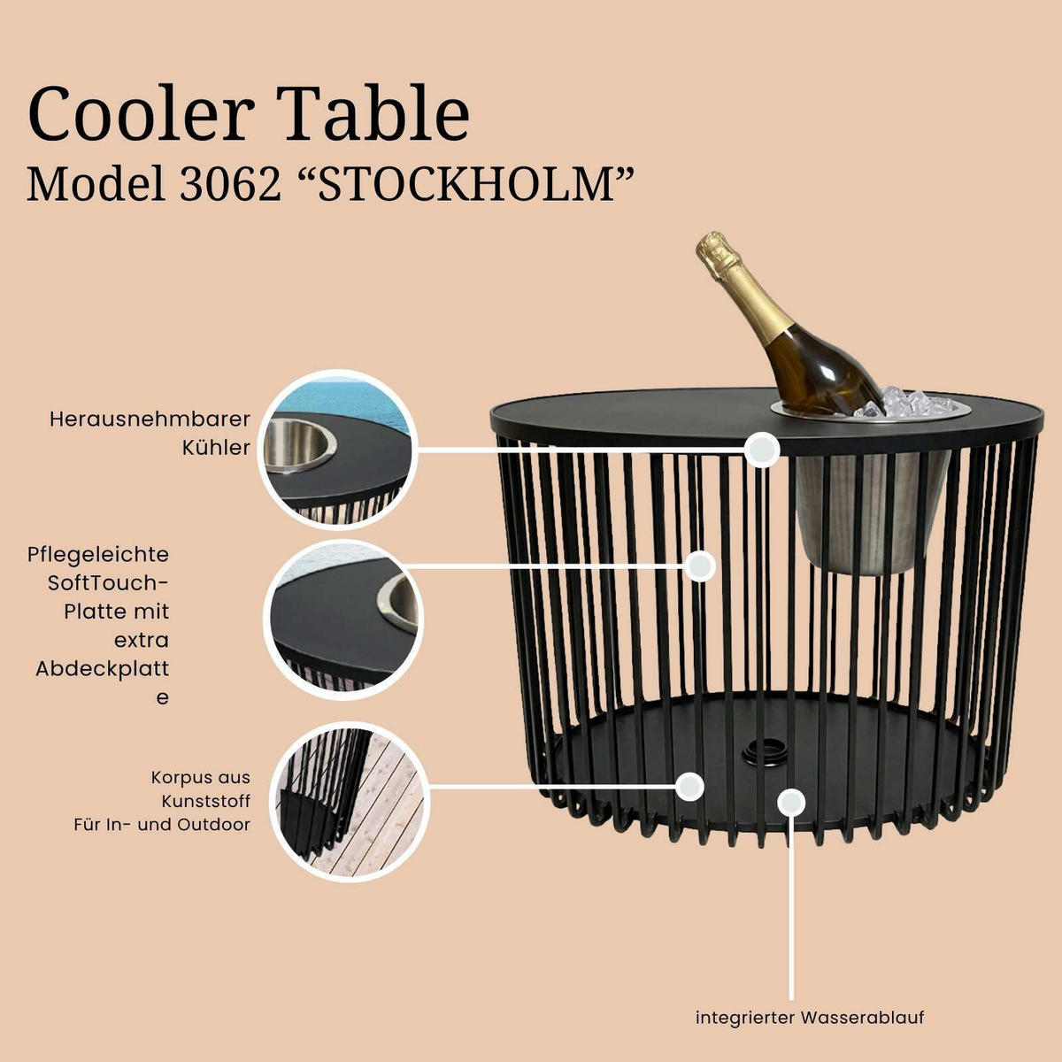 3-IN-1 LOUNGETISCH MIT EDELSTAHL-KÜHLER Stockholm schwarz 46 cm - Schwarz, Kunststoff/Metall (57.5/35/46cm) - COOTAB Cooler Table
